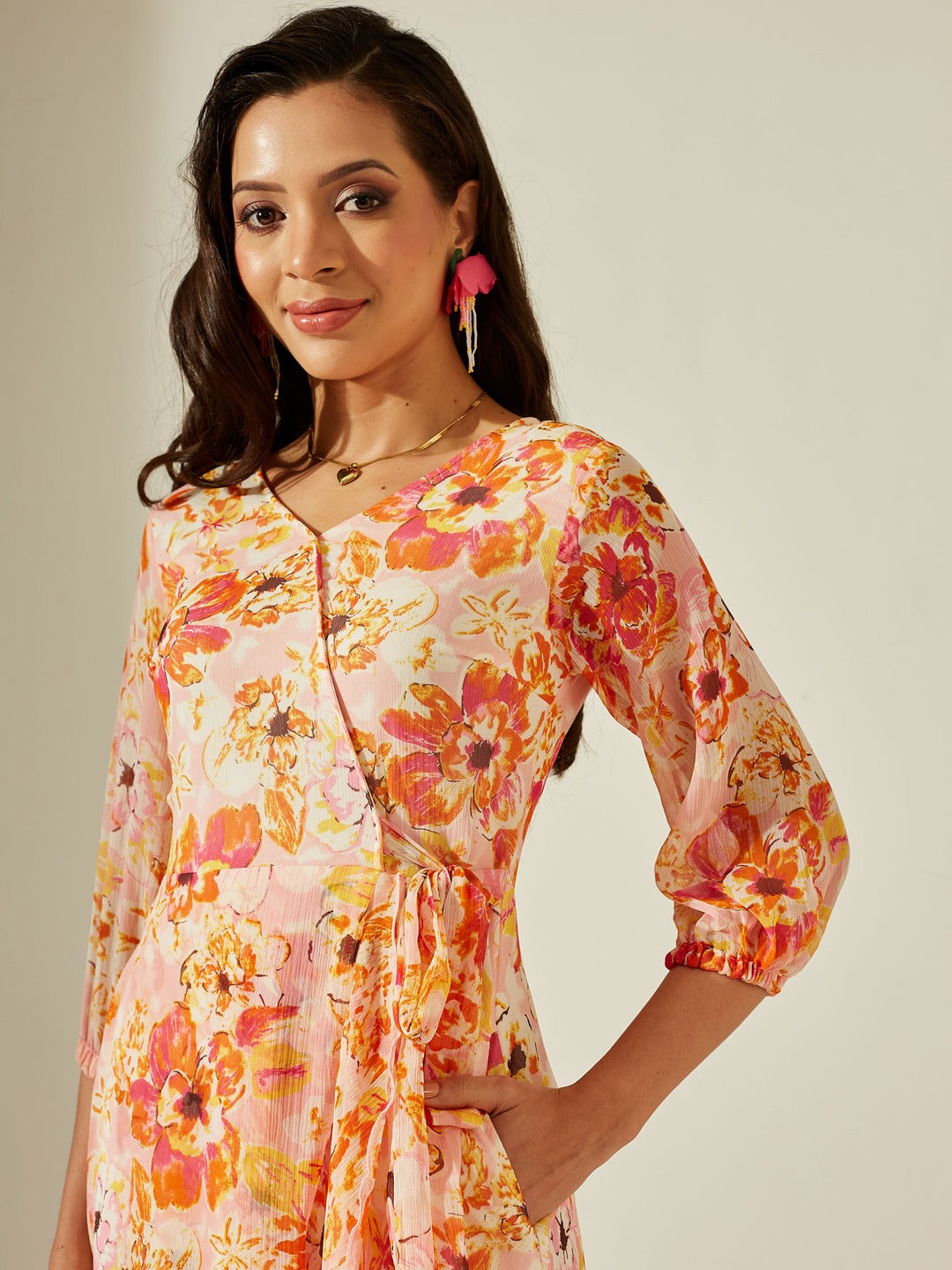 Pink & Orange V-Neck Bishop Floral Layered Chiffon Maxi Dress for Women