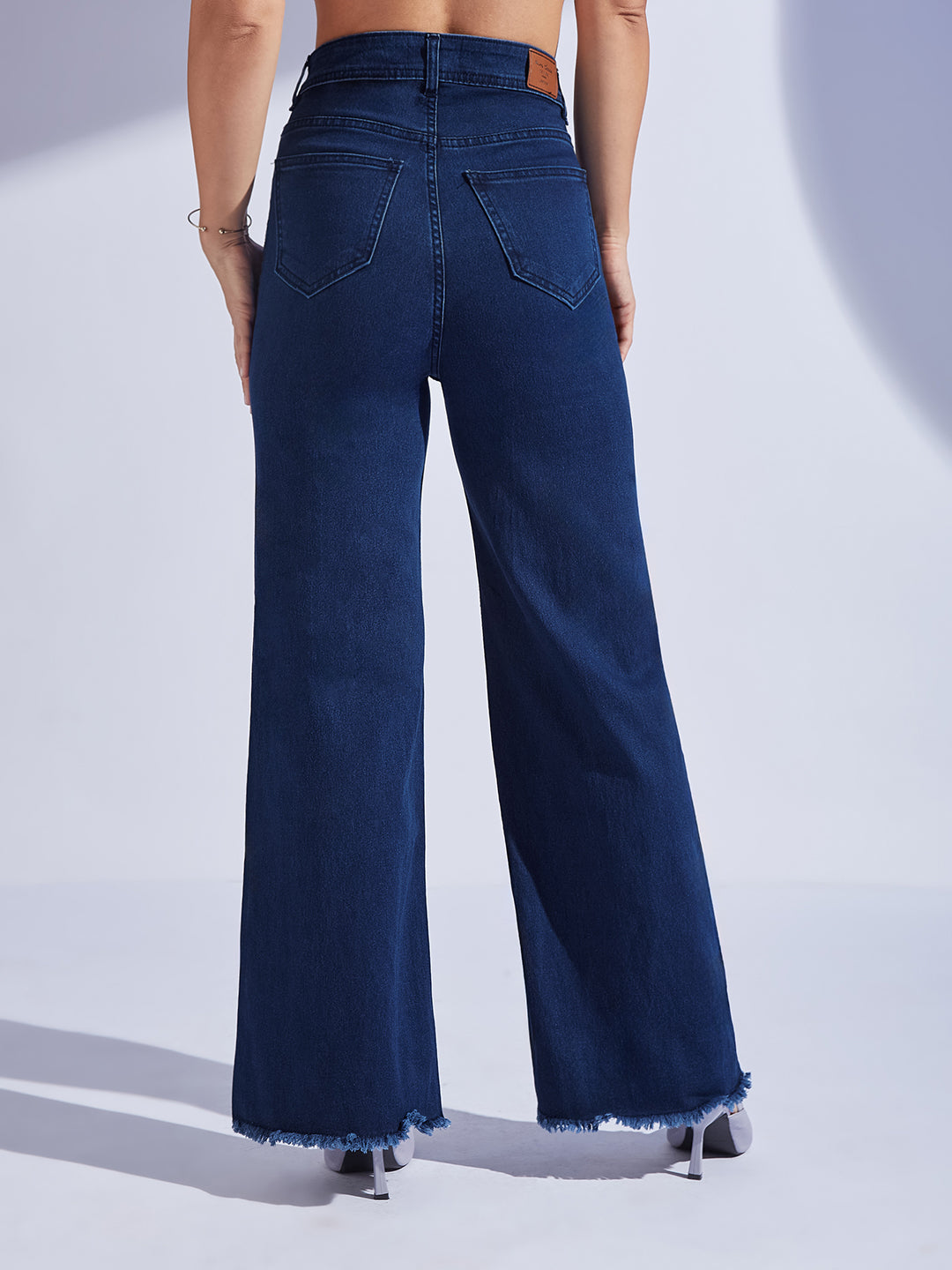 Women's Navy Blue Wide-Leg High-Rise Clean-Look Regular-Length Stretchable Denim Jeans