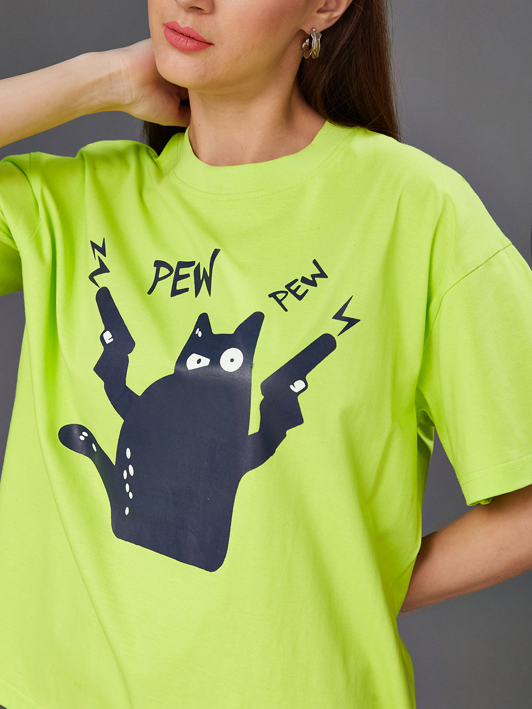 Women's Lime Green Round Neck Half-Sleeve Cartoon-Printed Oversized Cotton T-Shirt