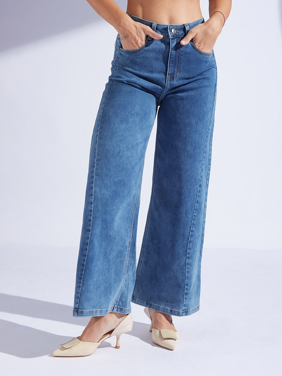 Women's Mid Blue Wide Leg High Rise Curved Panel Clean Look Stretchable Denim Jeans