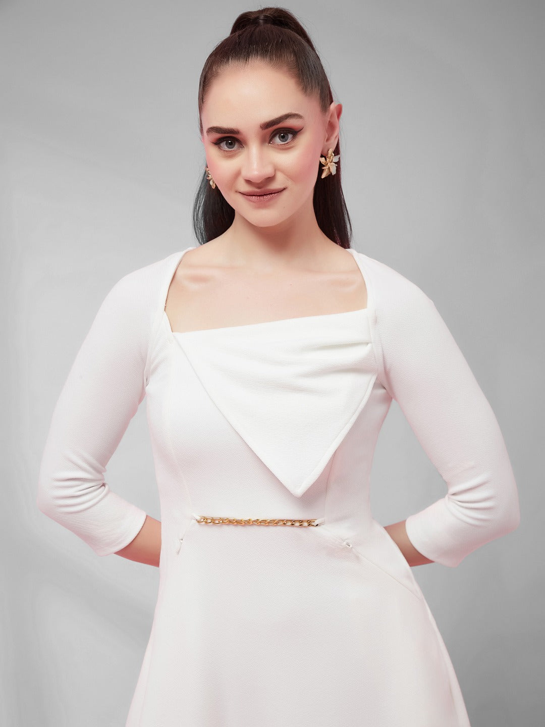 Off White Solid Square Neck Raglan Sleeves Side Pocketed Polyester Fit and Flare Knee-Length Dress for Women