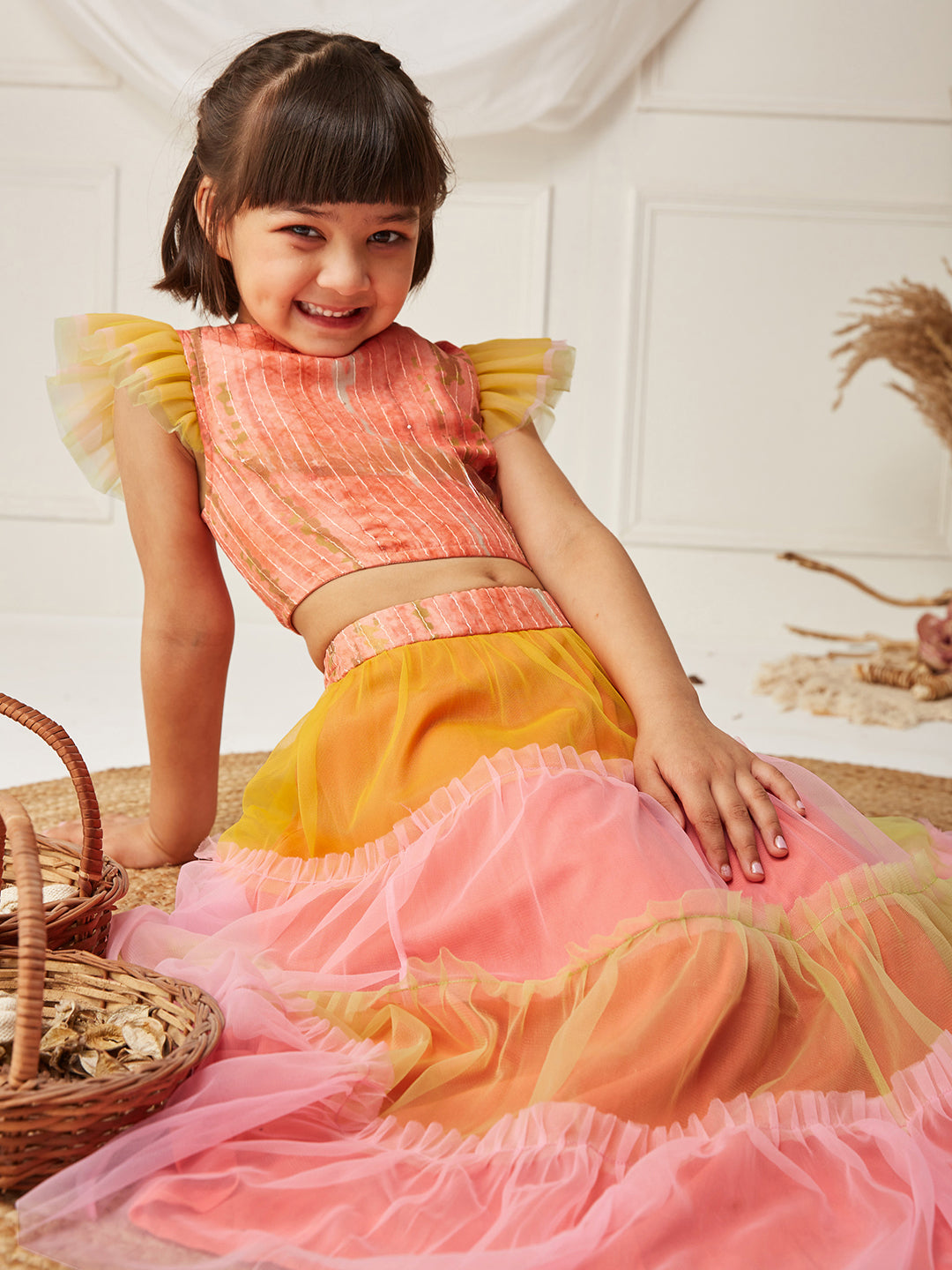 Multicolored-Base-Peach Round-Neck Frilled Sleeve Embellished Fit & Flare Regular Fusion Set
