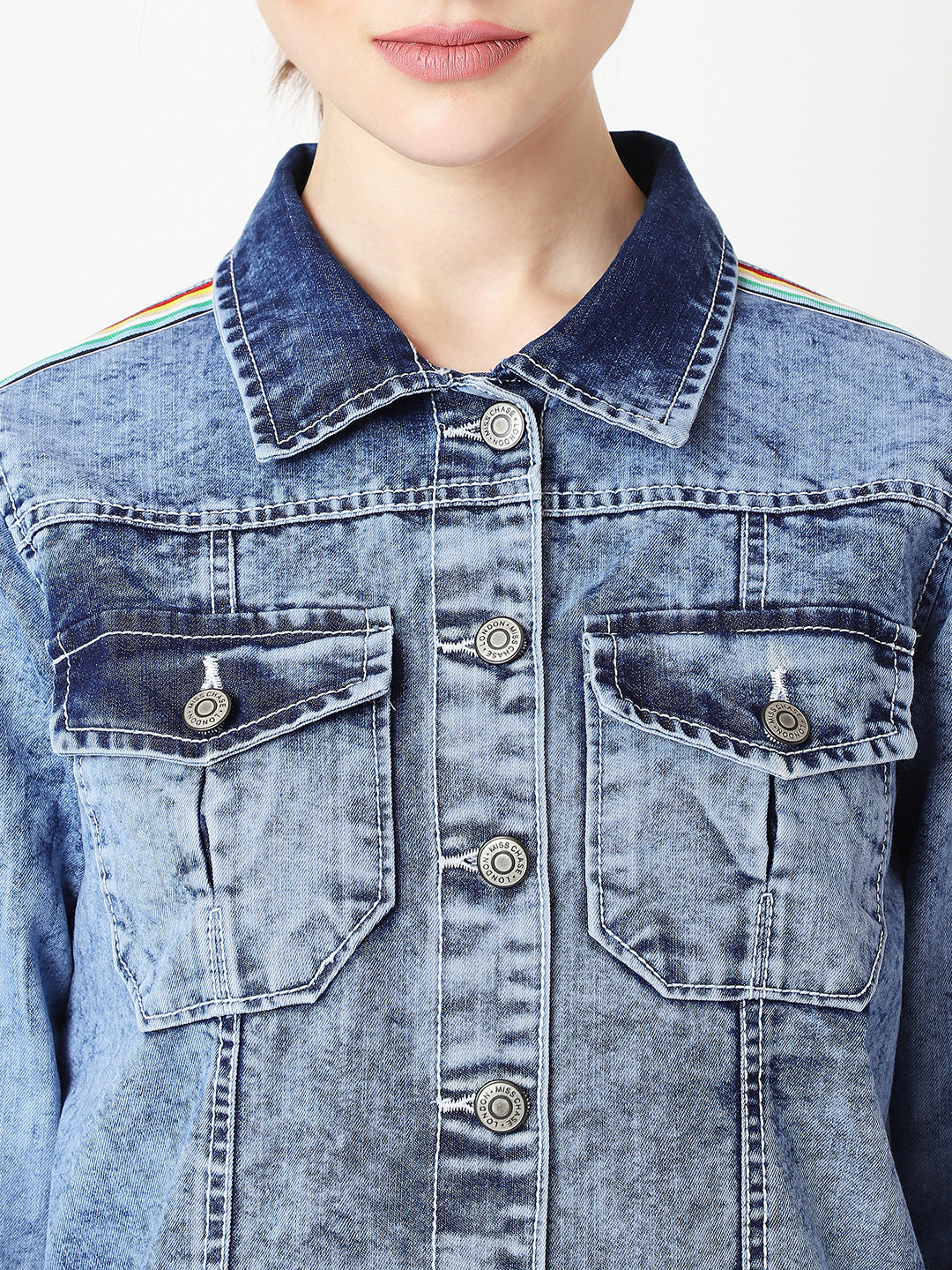 Women's Light Blue Collared Full Sleeve Solid Buttoned Ice Wash Multicolored Twill Tape Detailing Denim Jacket