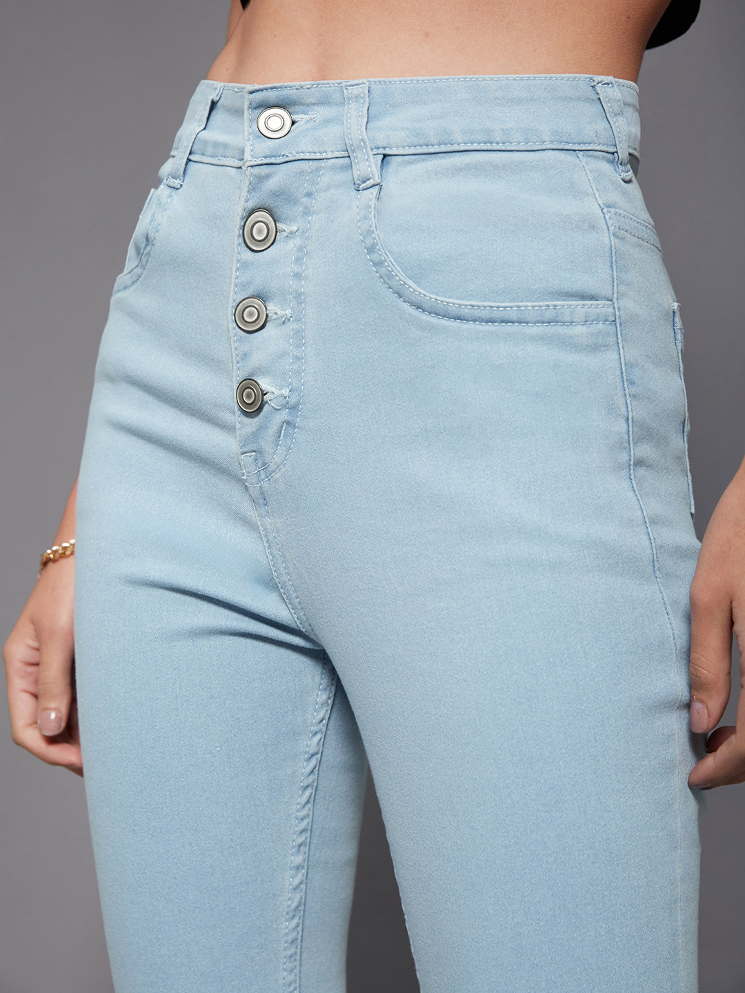 24/7 Comfort Light Blue Skinny High-Rise Fringed Hemline Cropped Acid Wash Solid Stretchable Denim Jeans