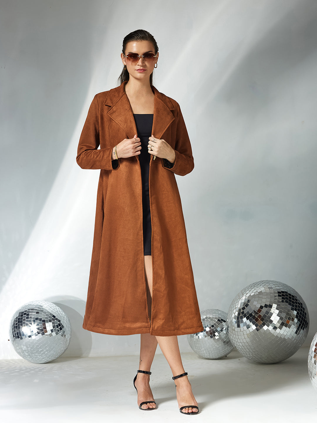 Women's Brown Solid V-Neck Full Sleeves Side Pocketed Polyester Double Breasted Longline Jacket