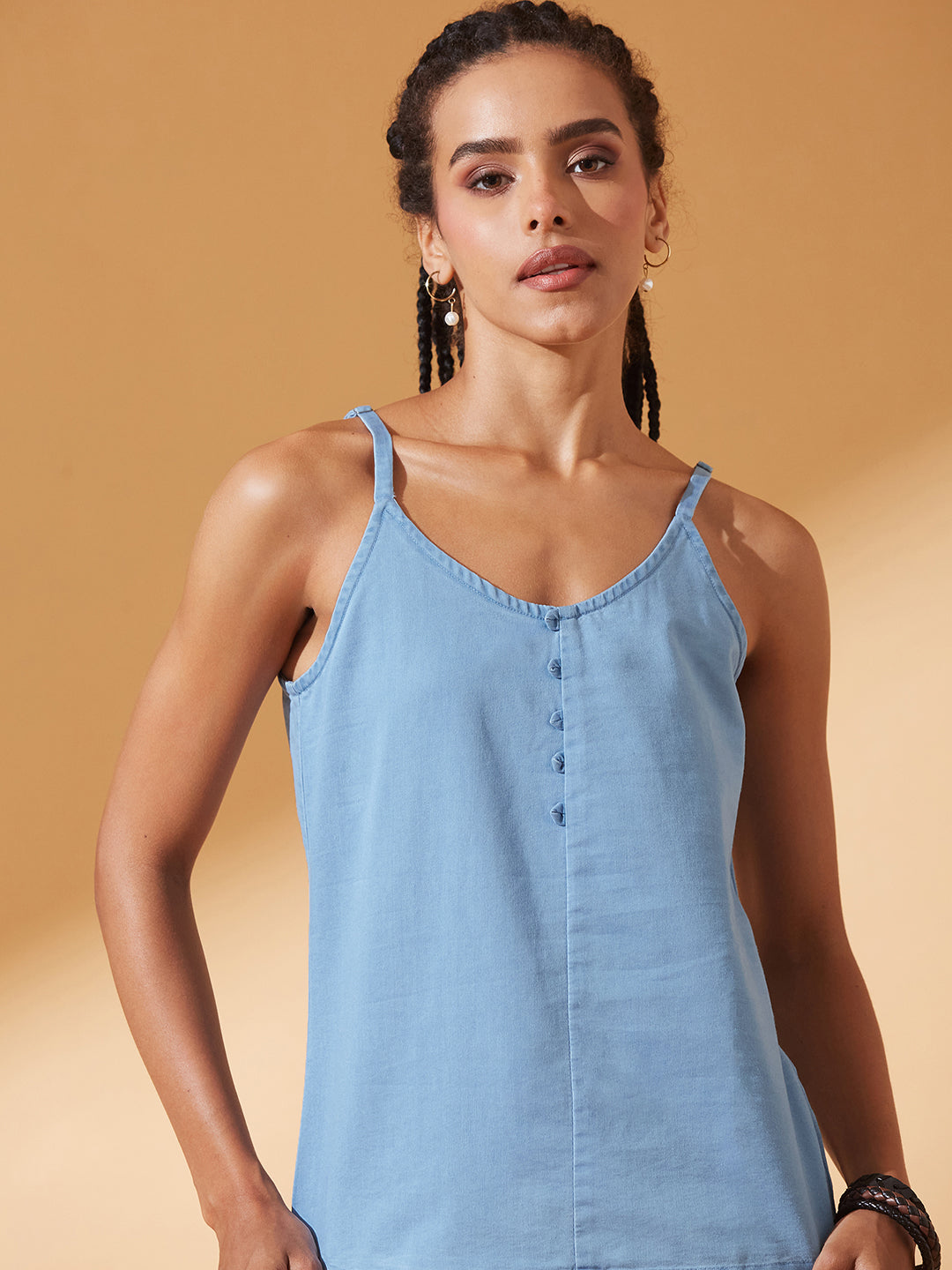 Light-Blue V Neck Sleeveless Cotton Solid Denim Spaghetti Top for Women