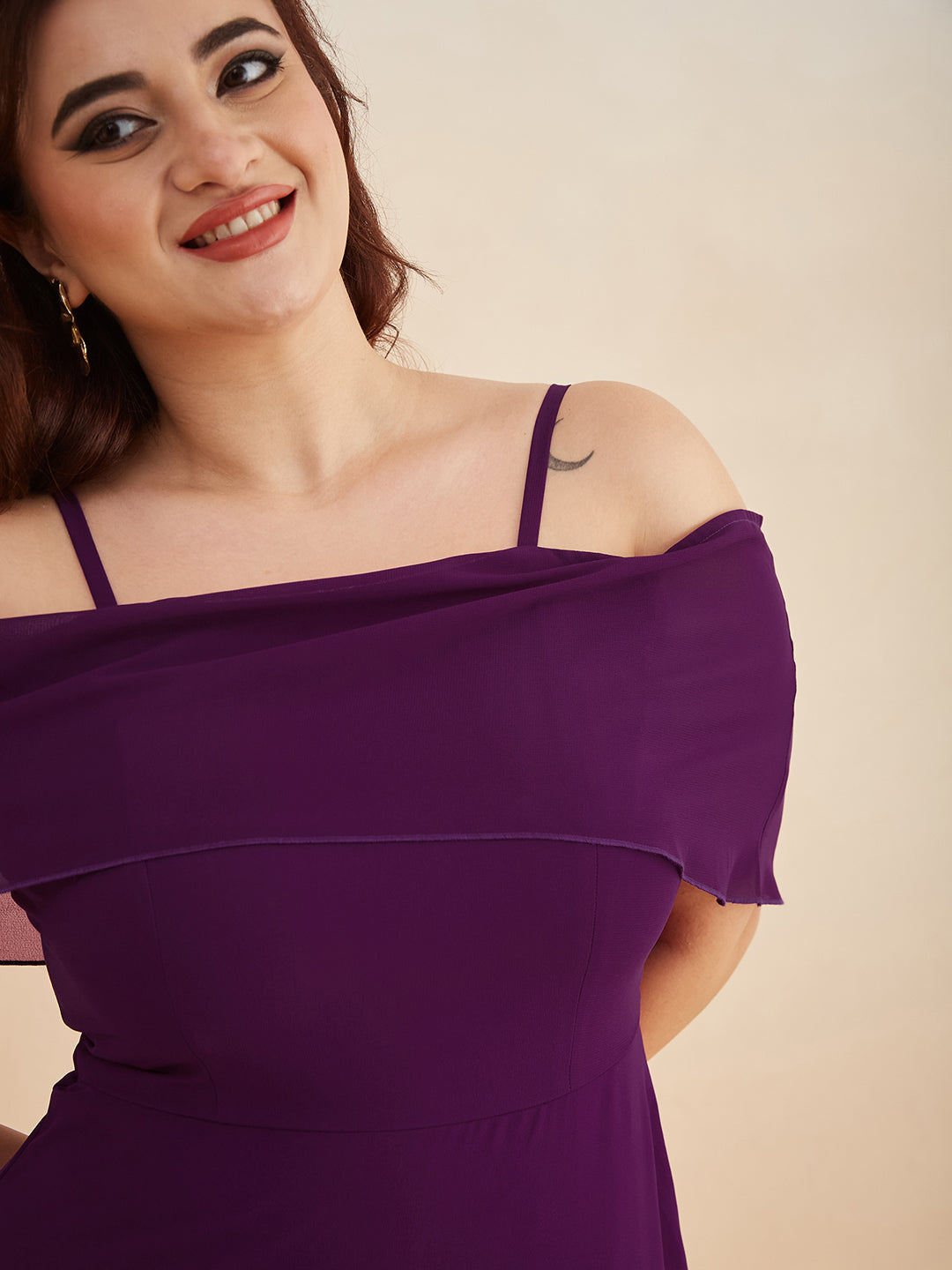 Purple Bardot Style Sleeveless Spaghetti Strap Solid Off Shoulder Midi Skater Dress for Women