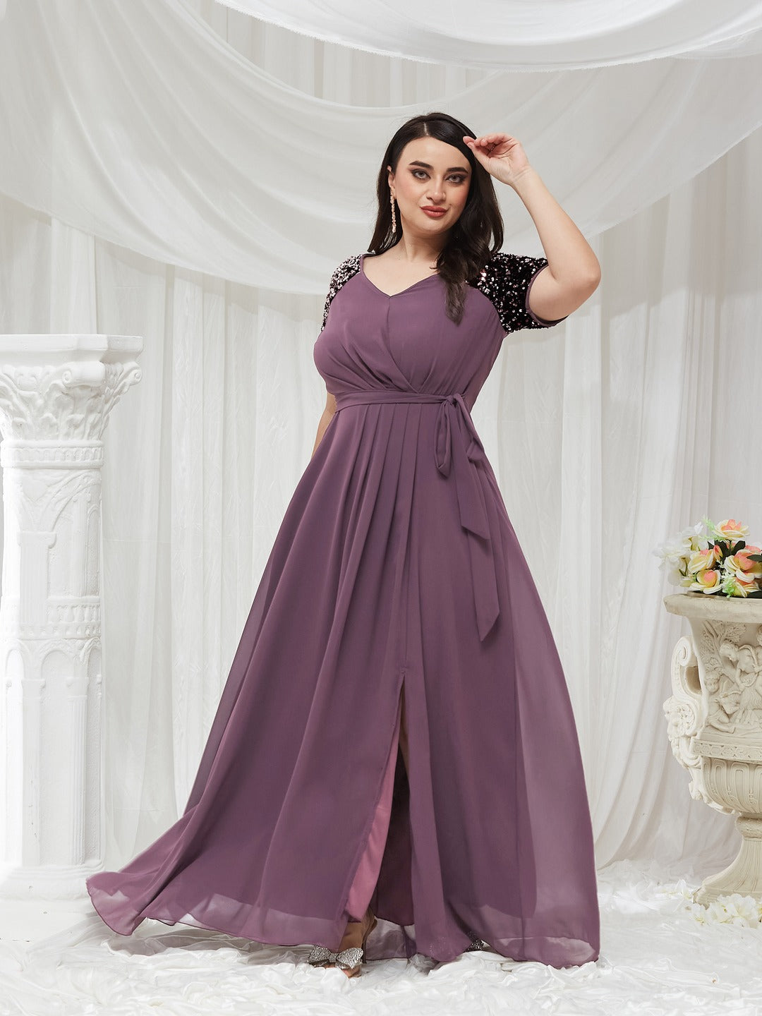 Mauve Relaxed Fit Maxi Georgette Dress for Women — Miss Chase A+