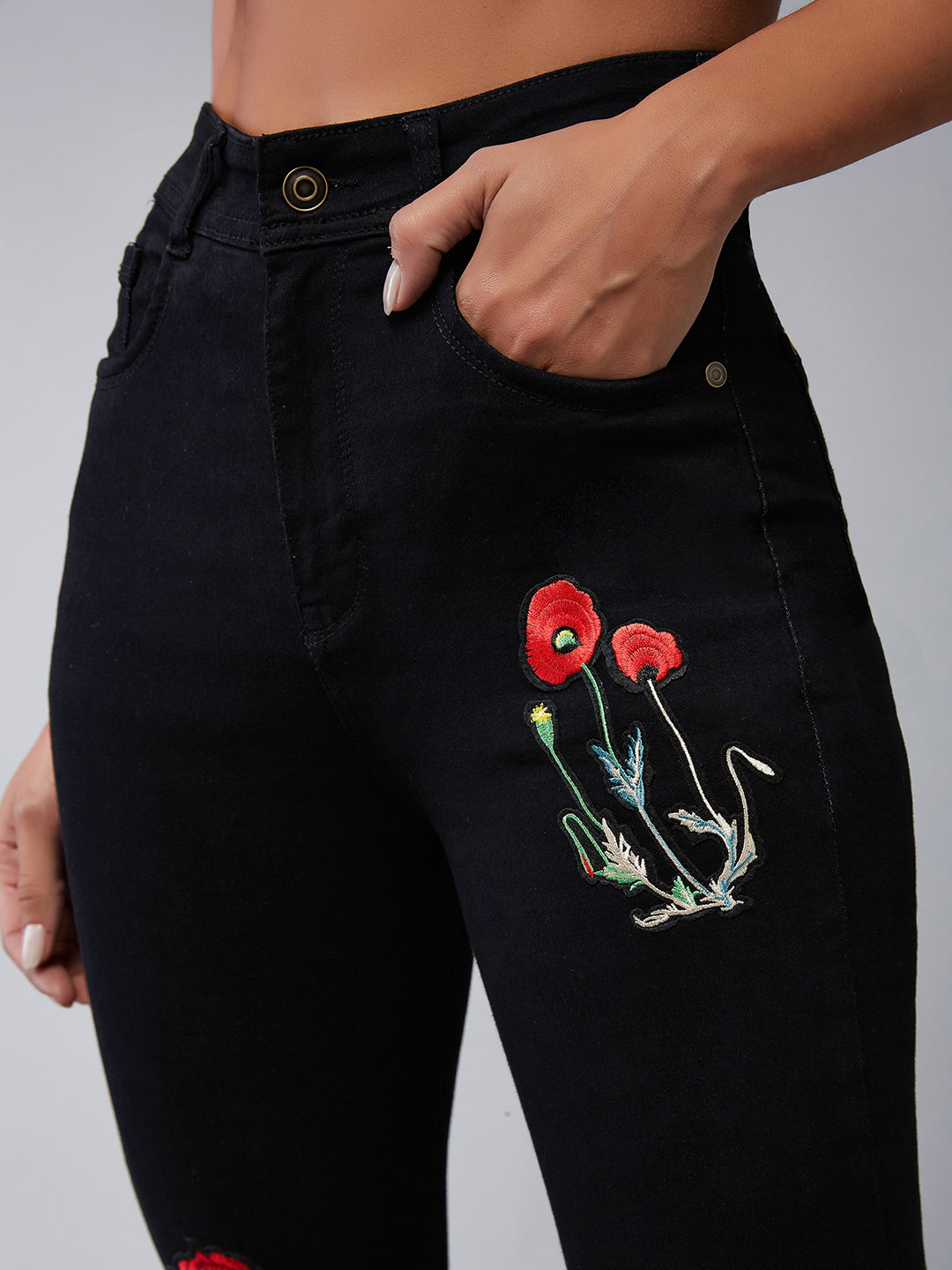 Women's Black Slim-Fit High-Rise Rose Applique Detailing Denim Jeans