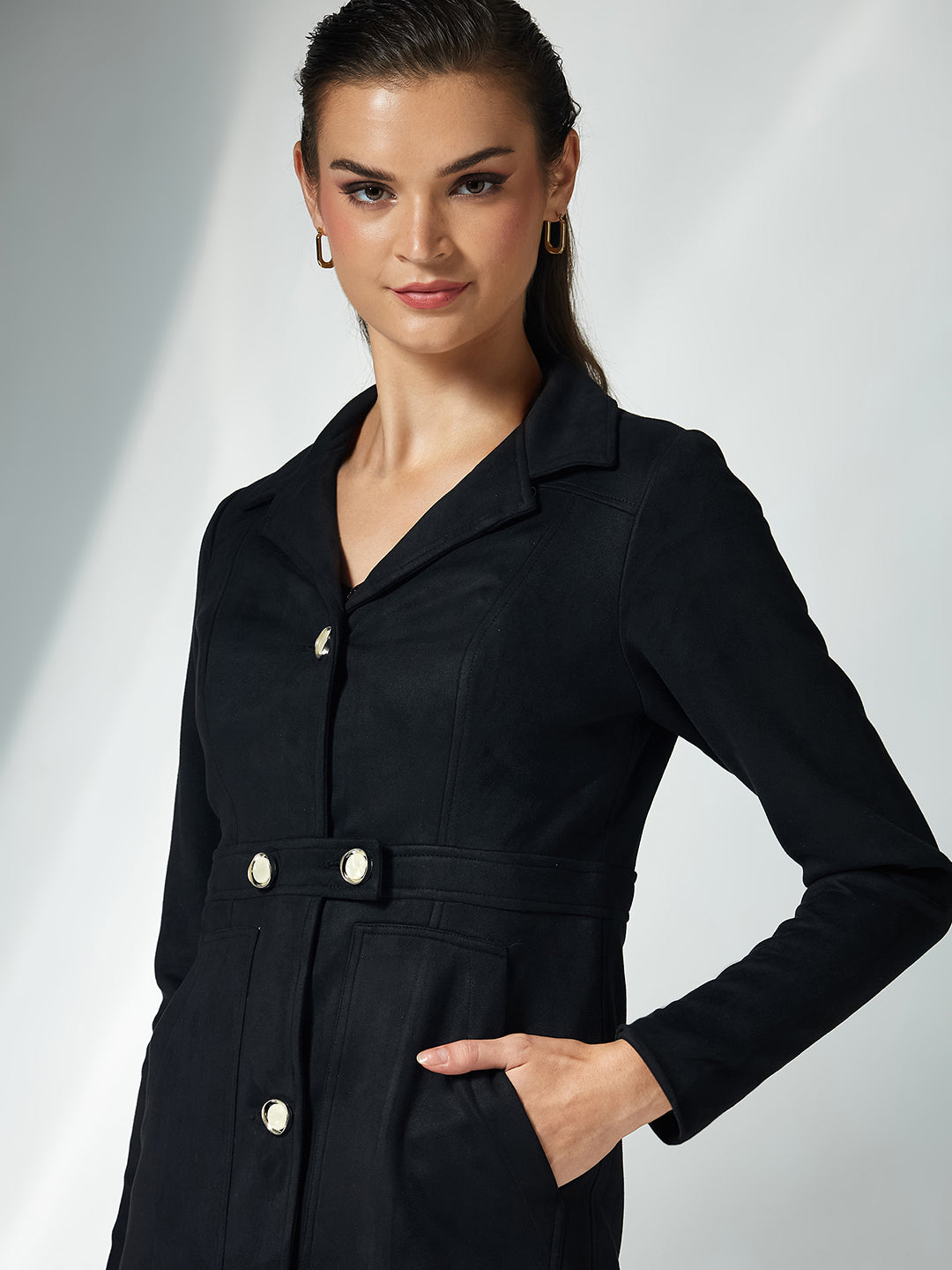 Women's Black Solid Shirt Collar Full Sleeves Patched Pocketed Polyester Button Down Longline Jacket
