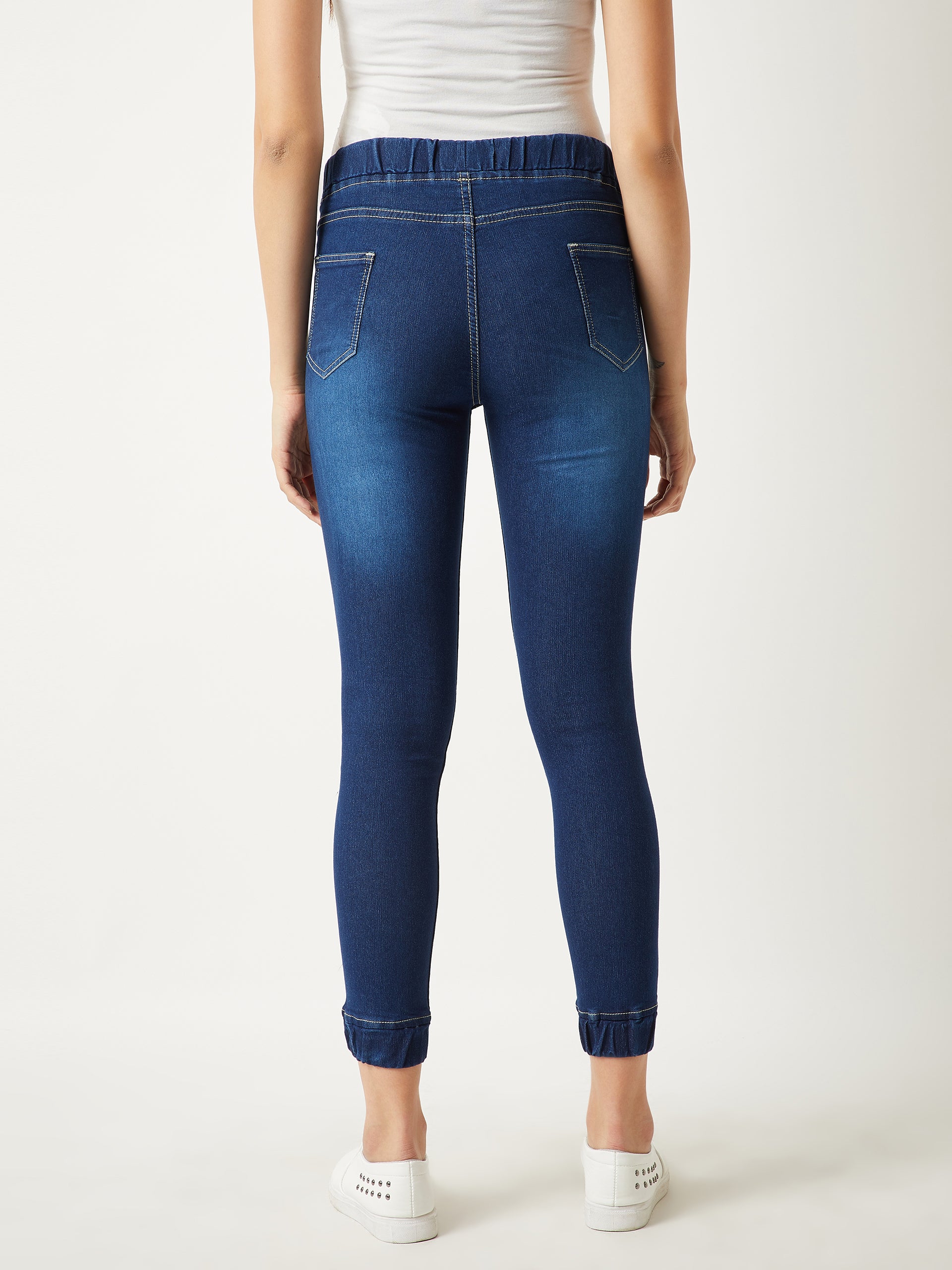 Women's Navy Blue Relaxed Fit Mid Rise Clean-Look Scraping Detail Ankle Length Denim Joggers