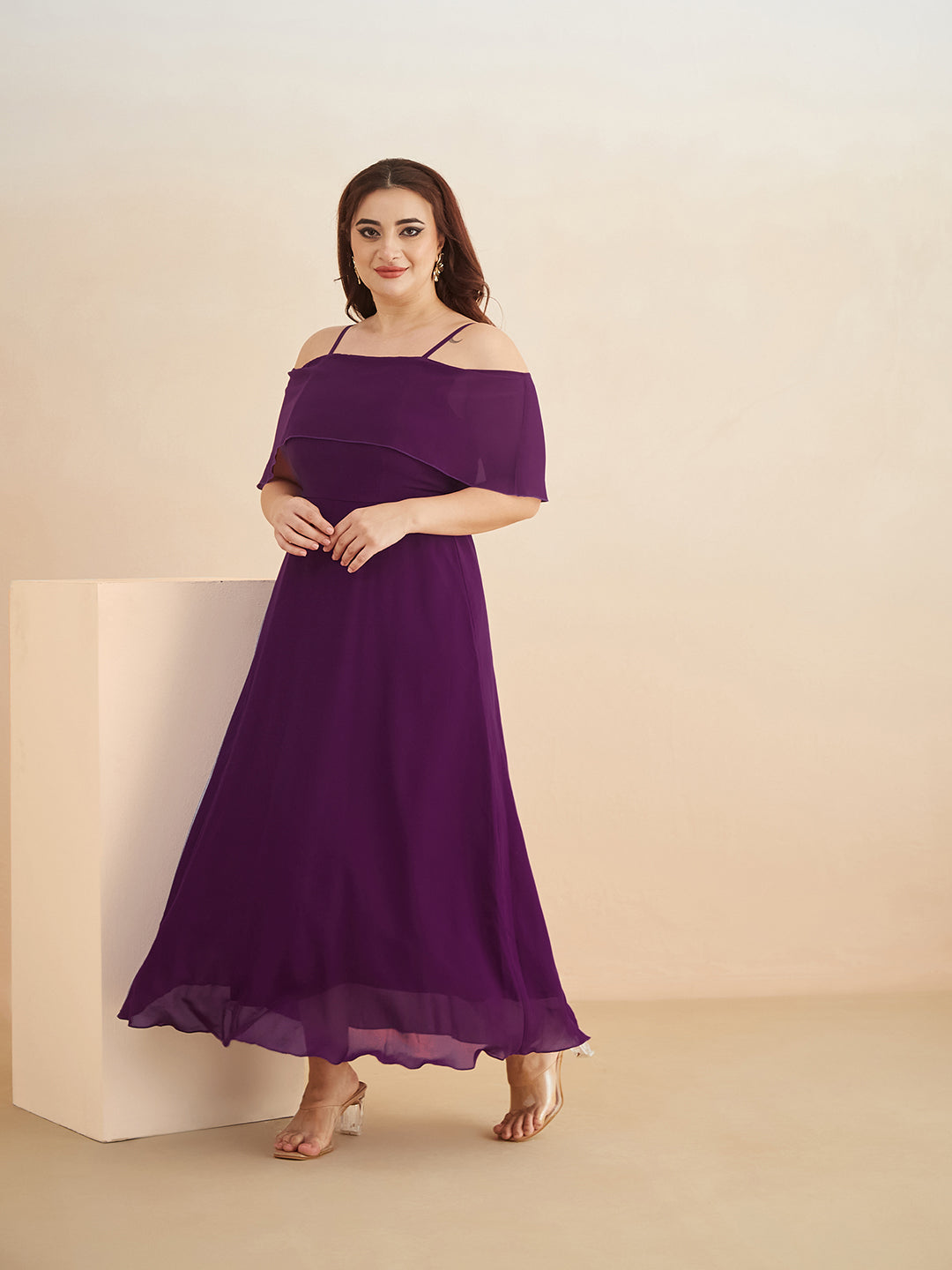 Purple Bardot Style Sleeveless Spaghetti Strap Solid Off Shoulder Midi Skater Dress for Women — Miss Chase A+
