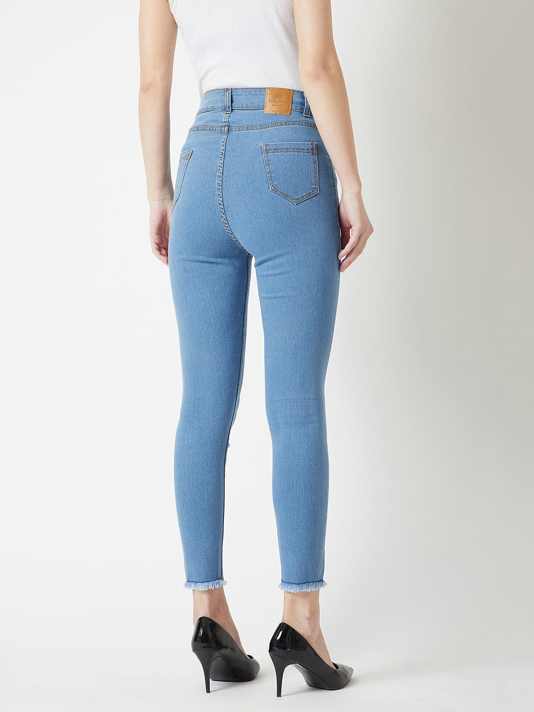 Women's Blue Skinny Solid High-Rise Clean-Look Cropped Fringed Hemline Detailing Stretchable Denim Jeans