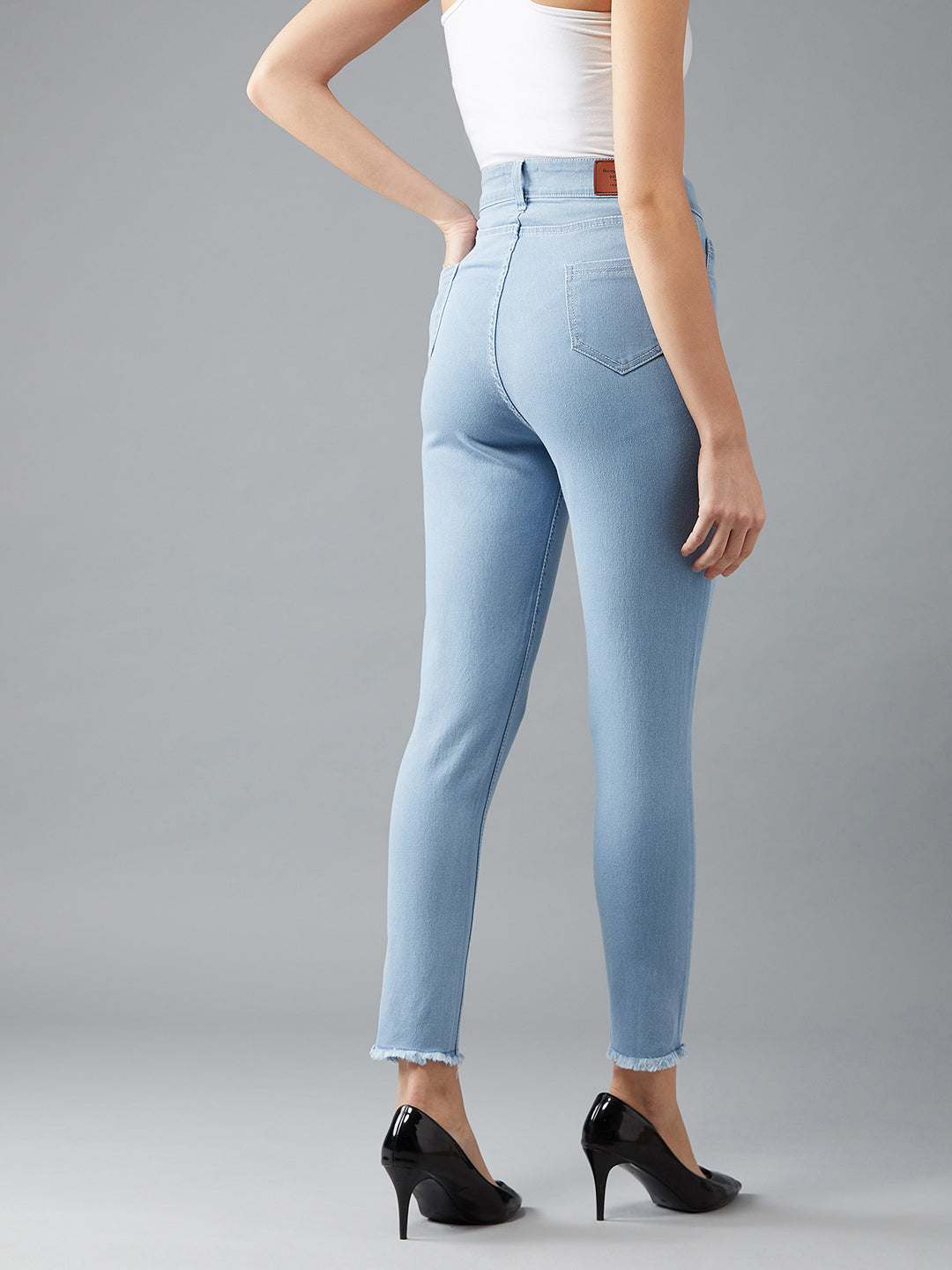 24/7 Comfort Light-Blue Skinny-Fit High-Rise Fringed Hemline Cropped Acid Wash Solid Denim Jeans for Women