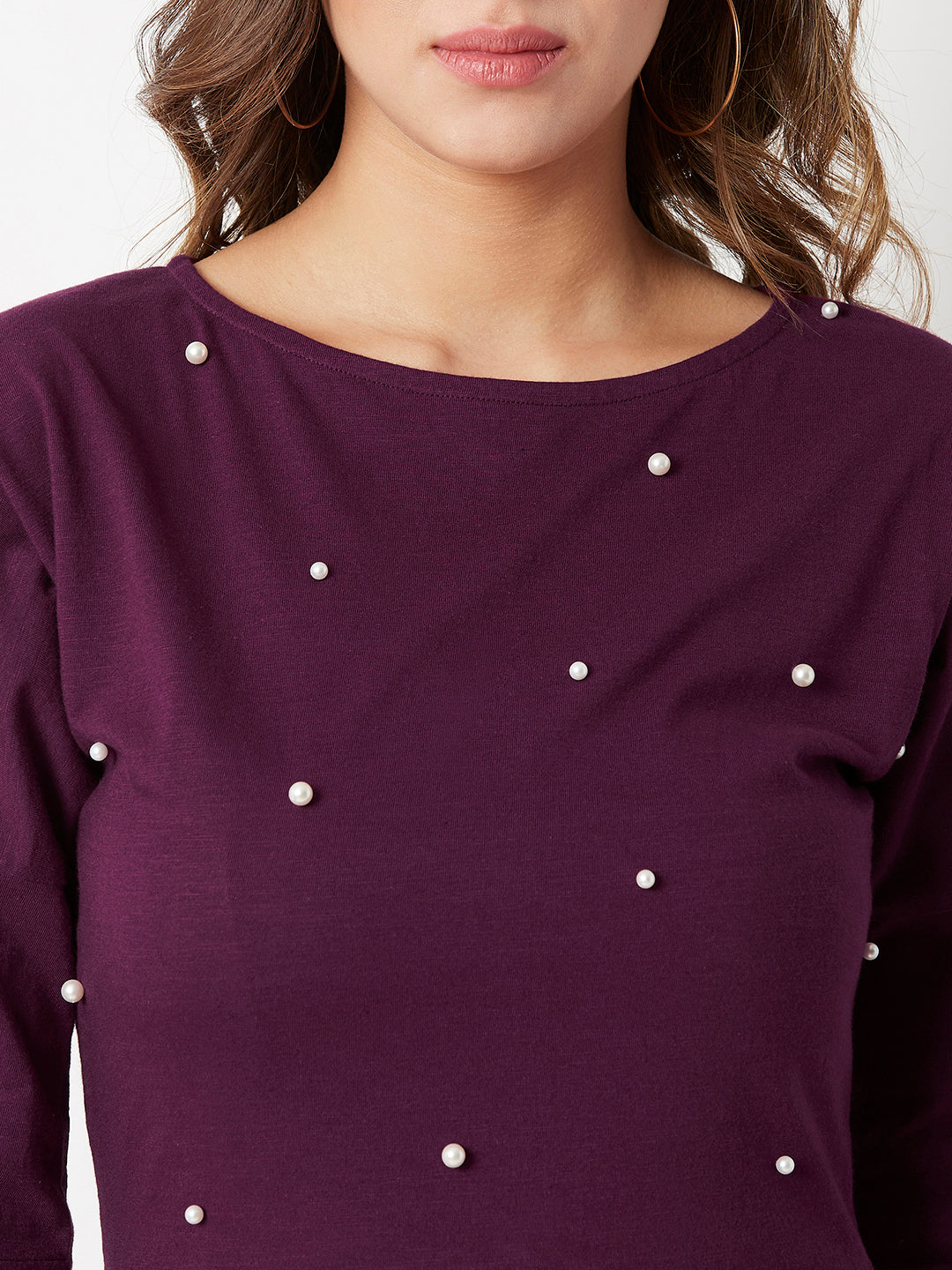 Women's Magenta Round Neck 3/4 Sleeve Cotton Solid Pearl Detailing Mini Skater Dress