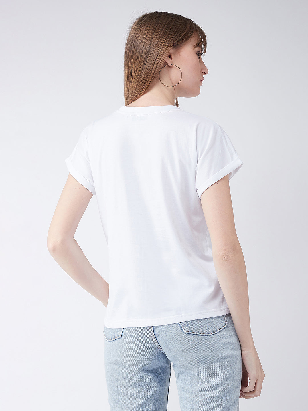 Women's White Cotton Round Neck Short Sleeve Graphic Print Basic T-Shirt