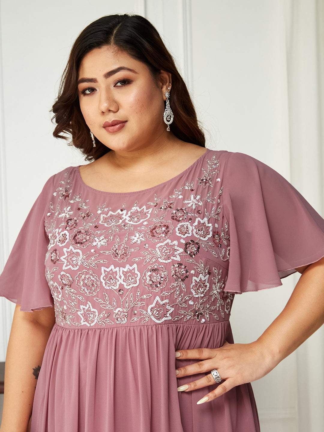 Dusty Lavender Flared Sleeves Fit and Flare Sequinned Maxi Dress Long Dress Frock for Women