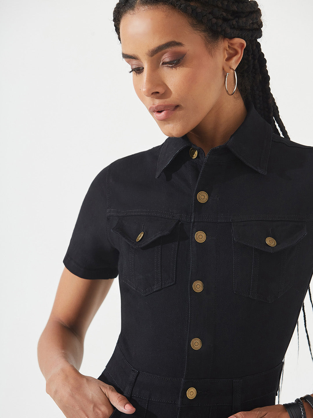 Black Flared High-Rise Stretchable Denim Jumpsuit for Women — Dolce Crudo