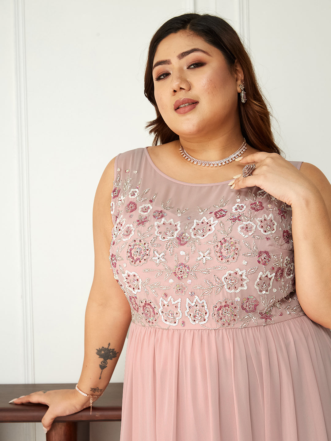 Body Bliss Pink Sequin Embroidery Gathered Maxi Dress