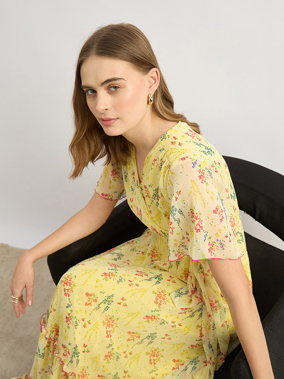 Women's Multicolored-Base-Yellow V Neck Flared Sleeve Floral Wrap Maxi Dress