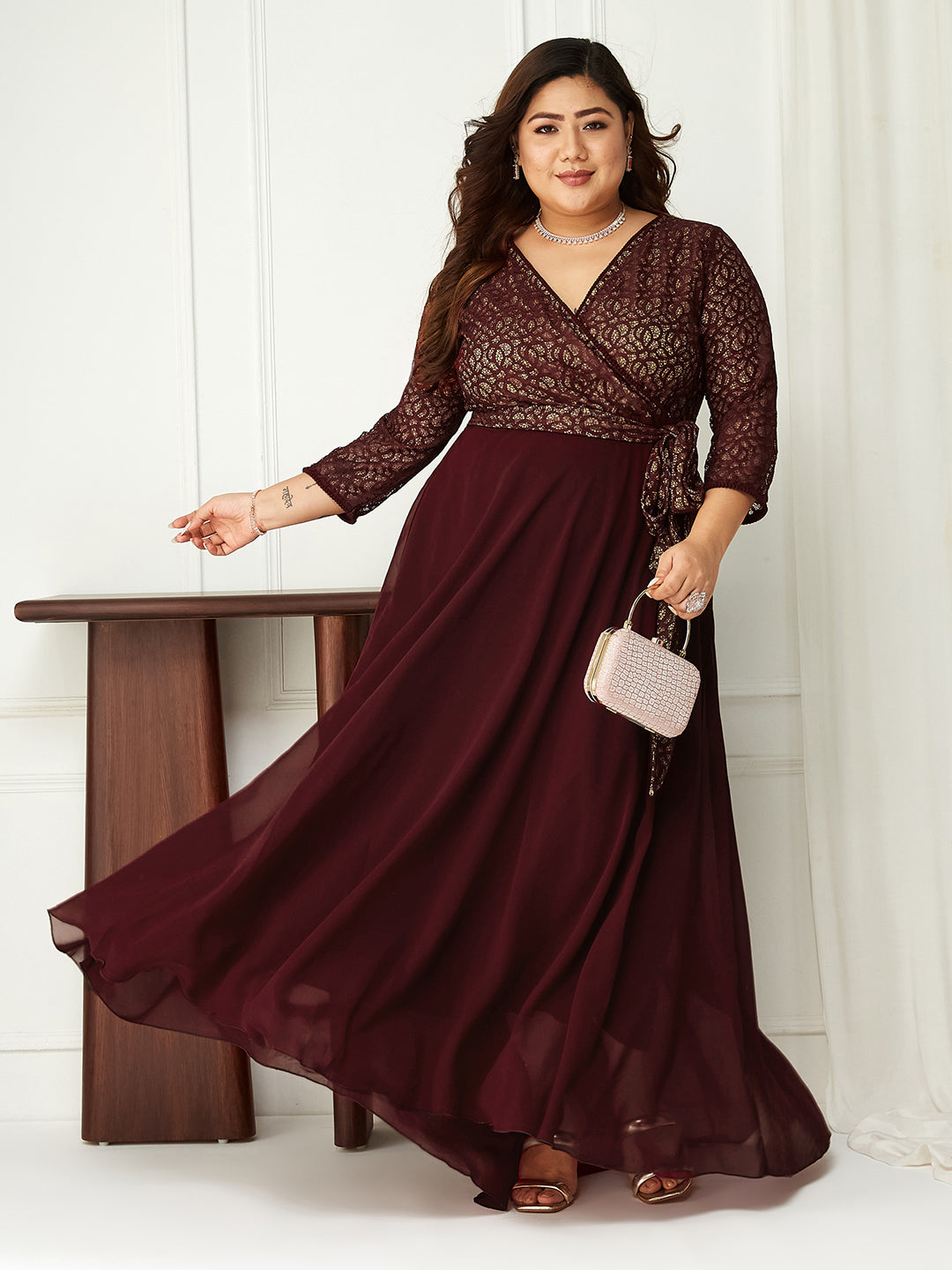 Wine Long Sleeves Fit and Flare Wrap Maxi Dress Gown with Lace Belt for Women | Bridesmaids' Favourites