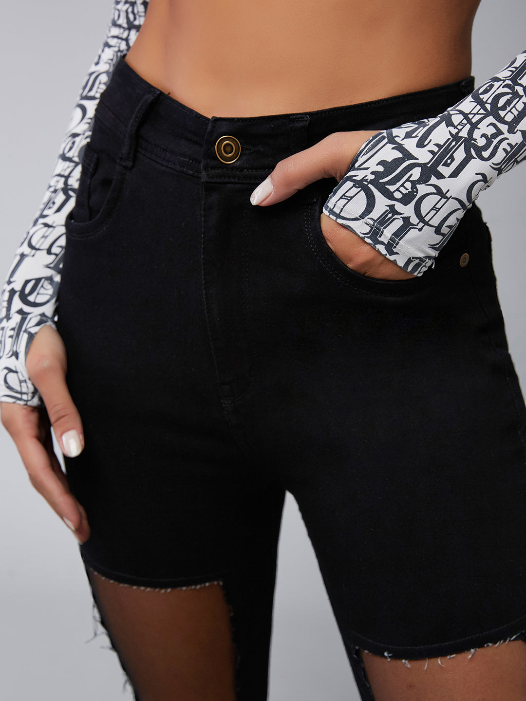 Women's Black Slim-Fit High-Rise Mild Distressed Ripped Net Detailing Stretchable Denim Jeans