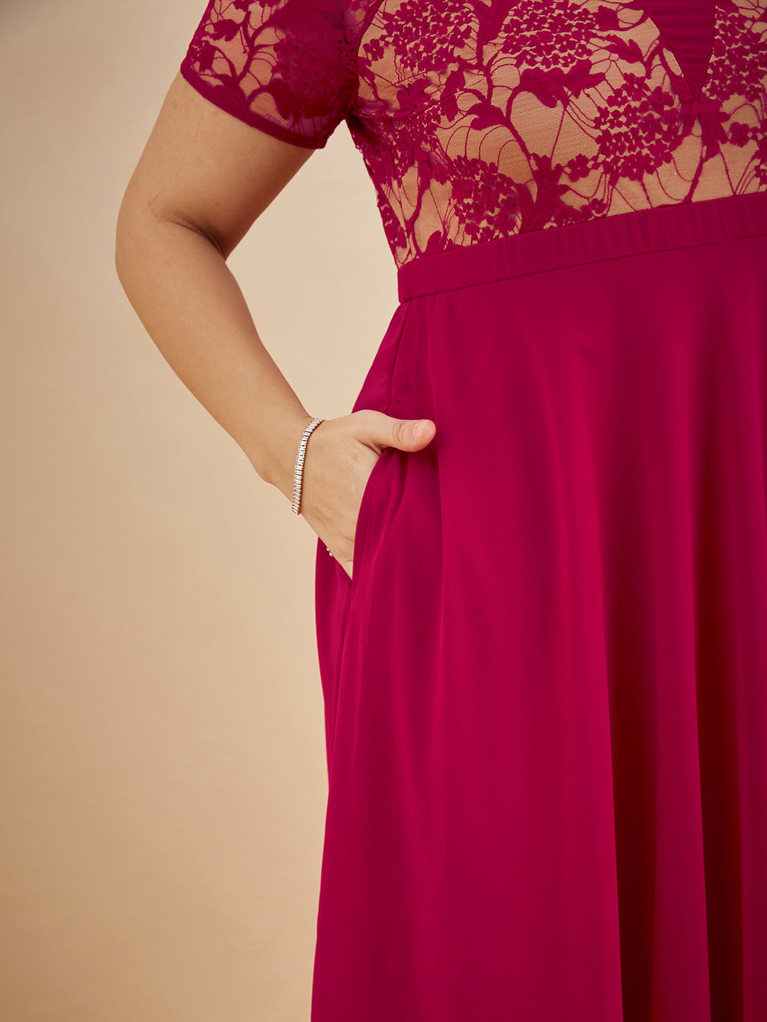 Dark Pink Square Neck Raglan Short Sleeve Self Design Lace Overlaid Georgette Maxi Dress for Women — Miss Chase A+