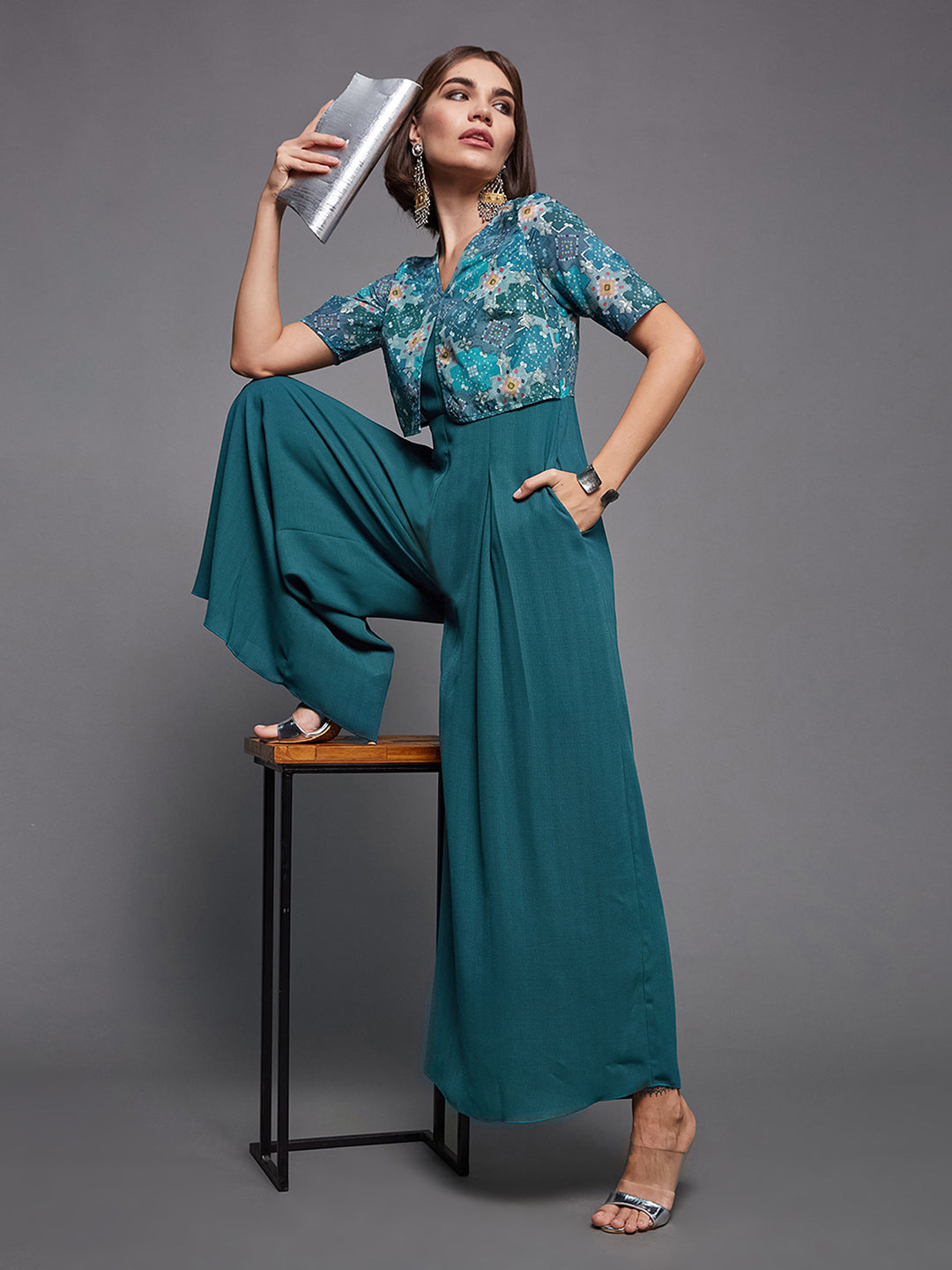 Women's Dusty Turquoise V-Neck Half Sleeves Pleated Solid Jumpsuit