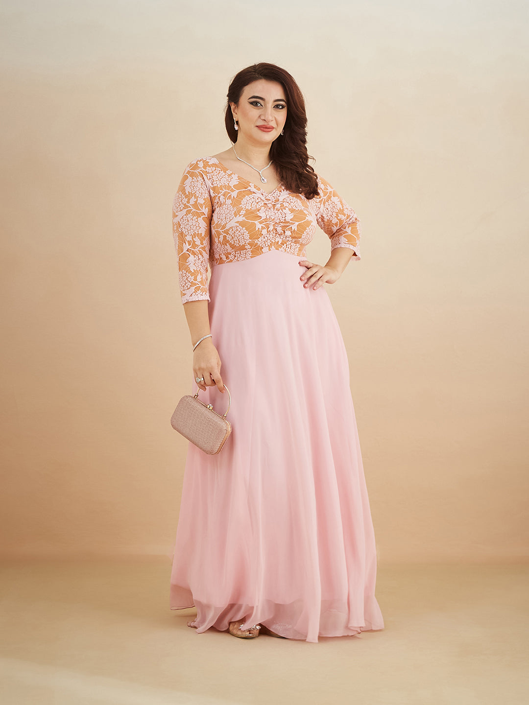 Dusty Pink V-Neck Raglan-Sleeve Self-Designed Empire-Styled Georgette Maxi Dress for Women — Miss Chase A+