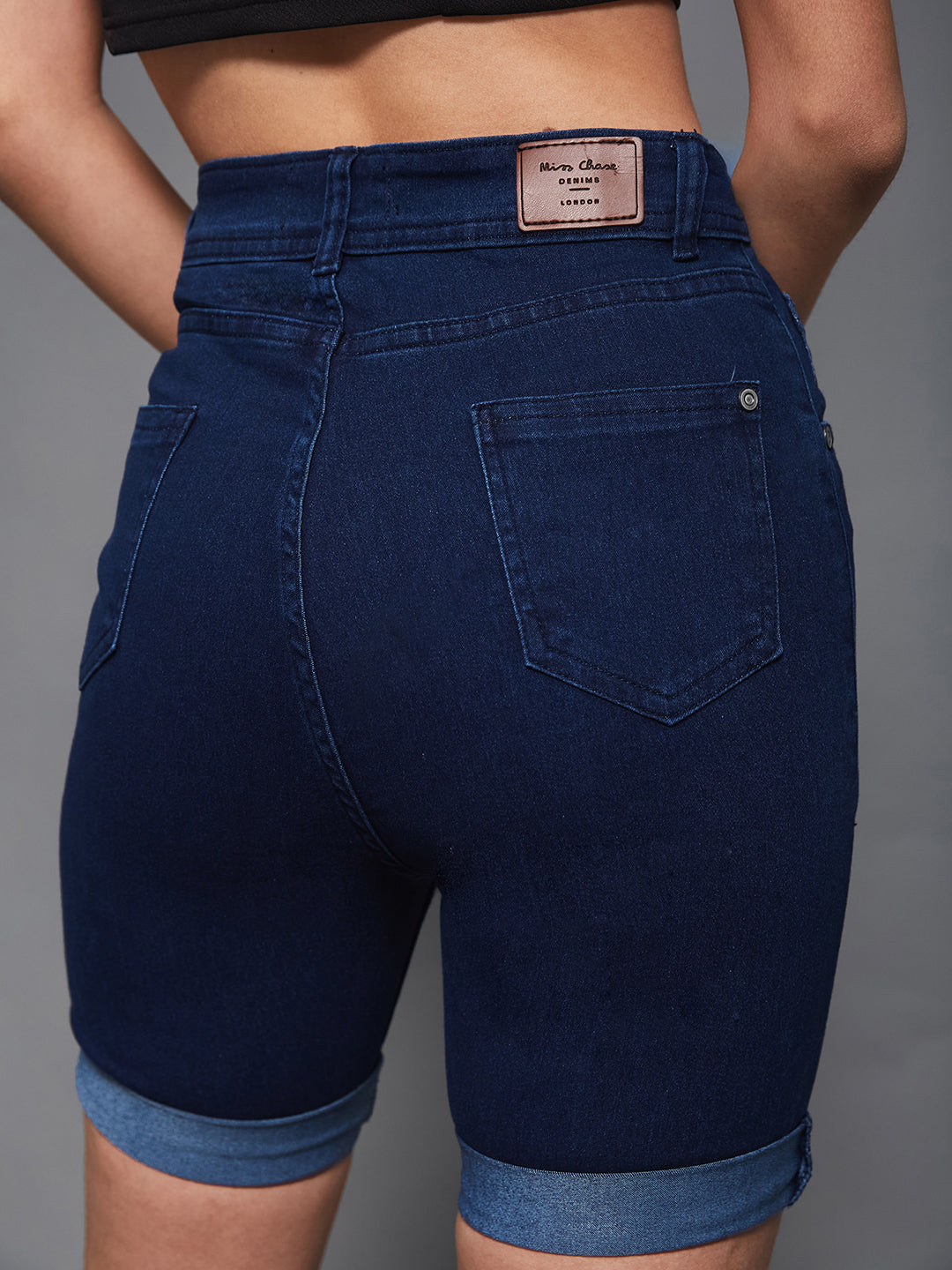 Women's Navy Blue Skinny High-Rise Stretchable Denim Shorts