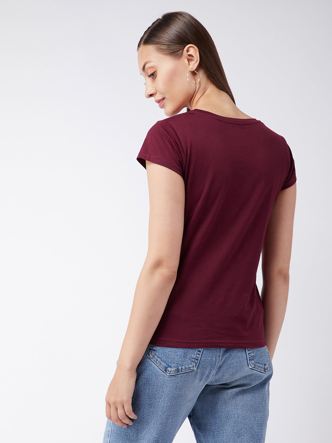 Women's Maroon Round Neck Short Sleeves Solid Basic Top
