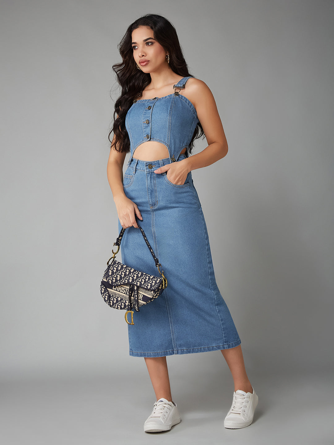 Women's Blue Square Neck Sleeveless Solid Pinafore Detachable Midi Denim Co-Ord Set