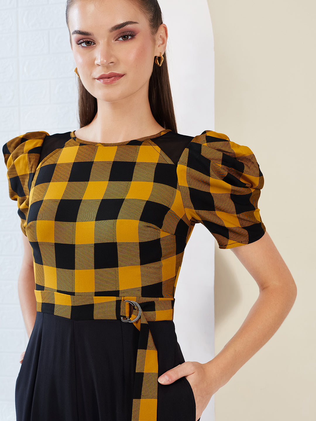Black & Mustard Round Neck Cowl Sleeve Checkered Wide-leg Viscose-Rayon Regular Length Jumpsuit for Women — Miss Chase