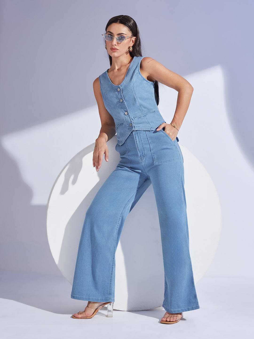 Women's Dark-Blue Flared High-Rise Stretchable Denim Maxi Skirt