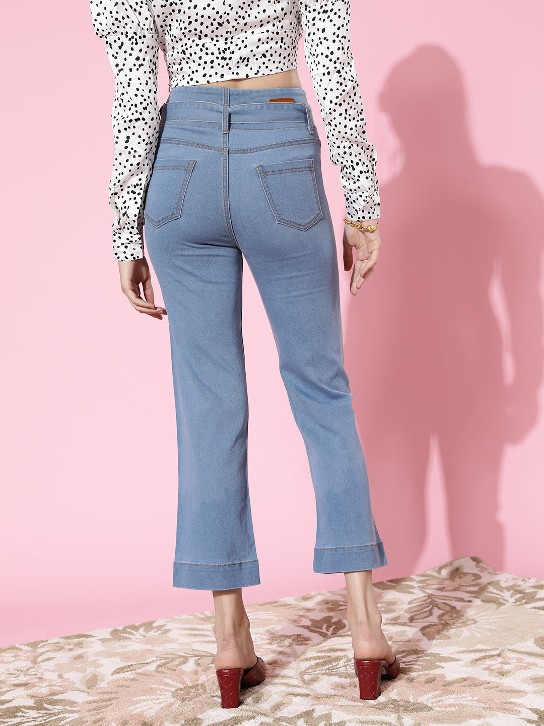 Women's Light Blue flared High-Rise Clean-Look Cropped Stretchable Denim Jeans