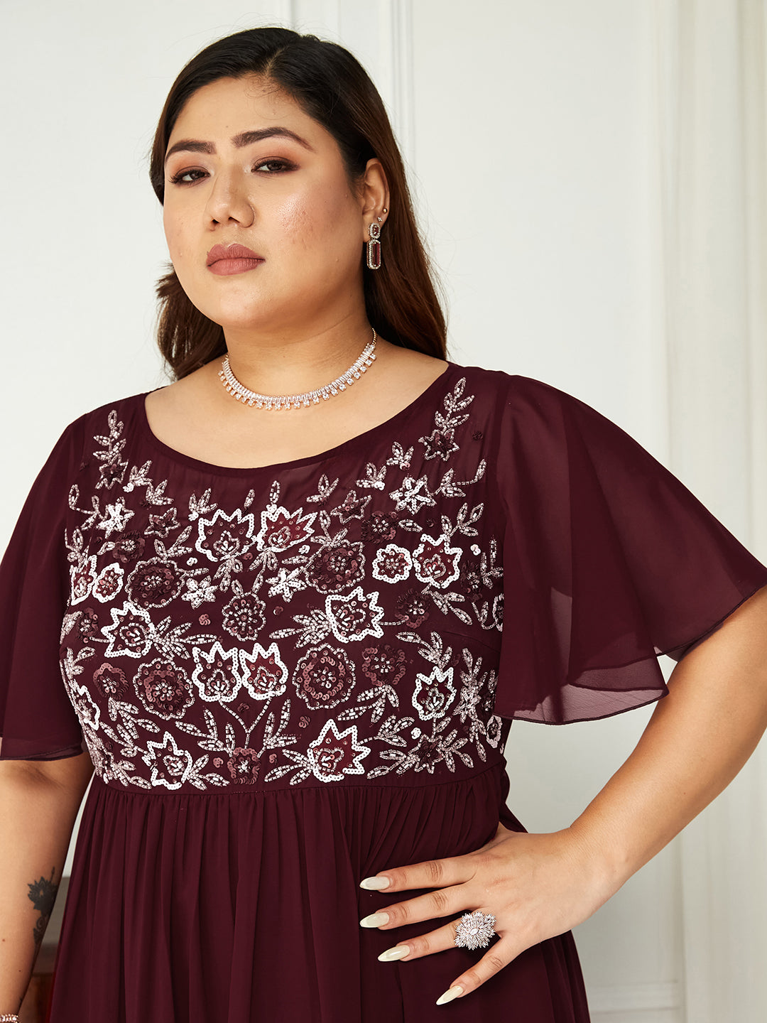 Wine Red Flared Sleeves Fit and Flare Sequinned Maxi Dress Long Dress Frock for Women