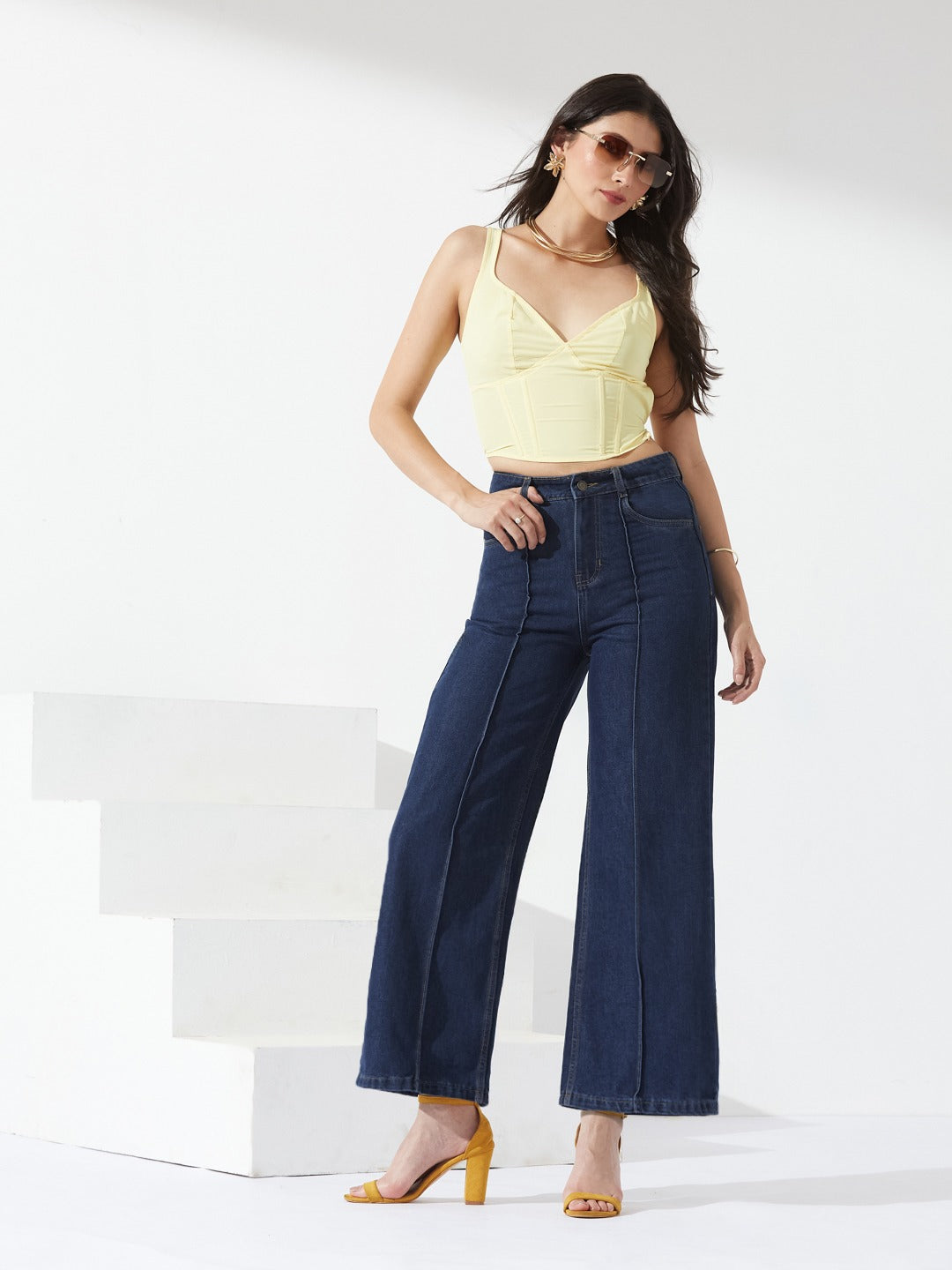 Navy Blue Wide-Leg High-Rise Non-stretchable Denim Jeans for Women