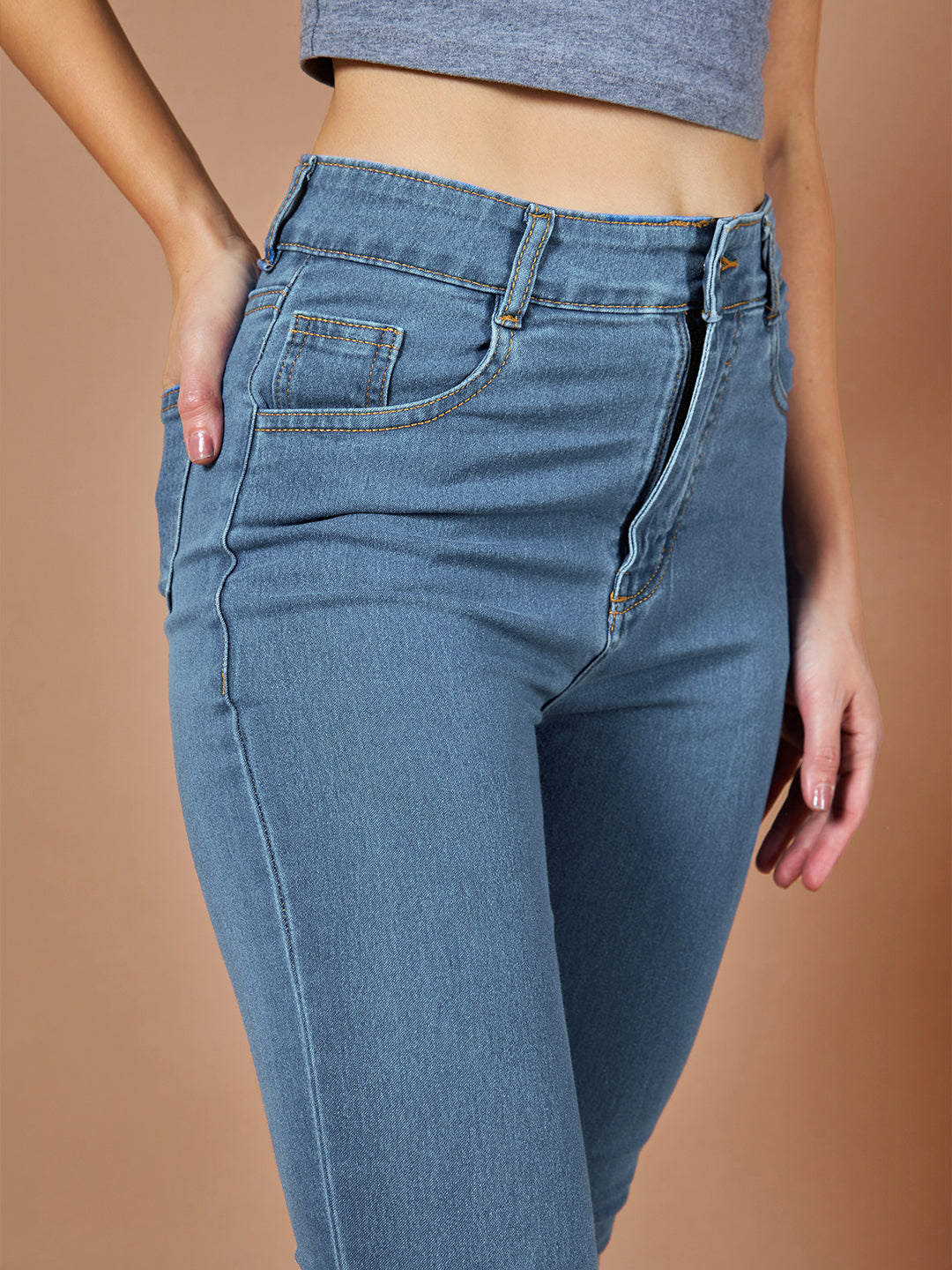 24/7 Comfort Light-Blue Skinny-Fit High-Rise Cropped-Length Fringe Detailing Stretchable Denim Jeans for Women