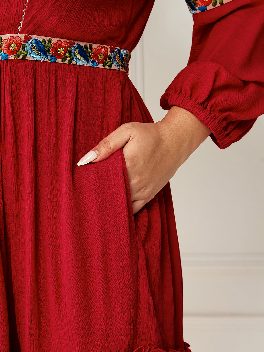 Body Bliss Red Viscose Rayon Solid Gathered Midi Dress for Women