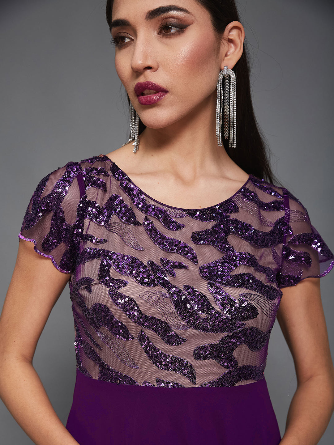 Dark Purple Round Neck Short Sleeve Embellished Embellished Maxi Dress for Women