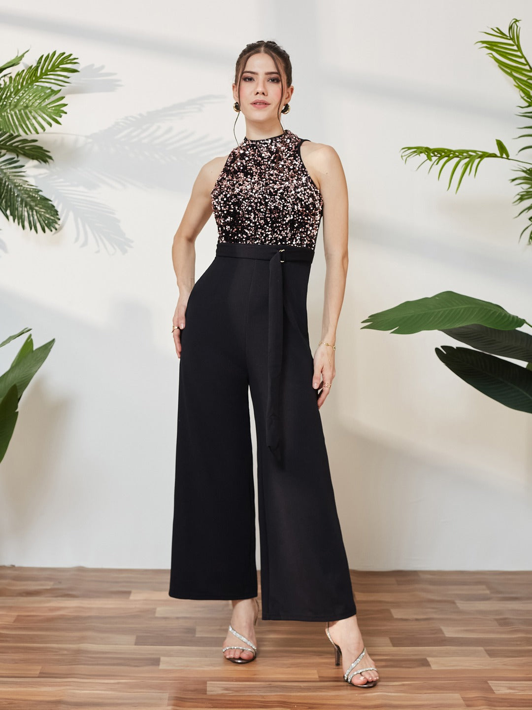Black & Lavender Embellished Regular Jumpsuit for Women