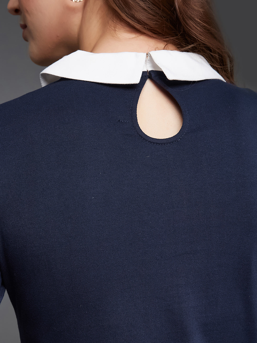 Navy-Blue Collared Round Neck Full Sleeve Cotton Solid Buttoned Top for Women