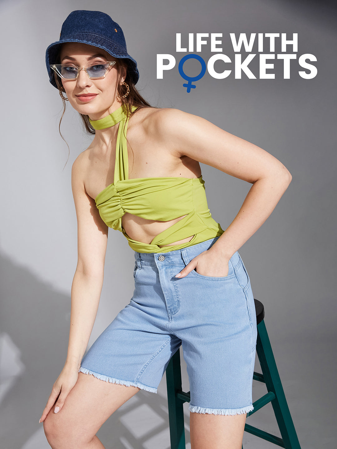 Light-Blue Regular High-Rise Clean-Look Above-Knee Stretchable Denim Shorts for Women