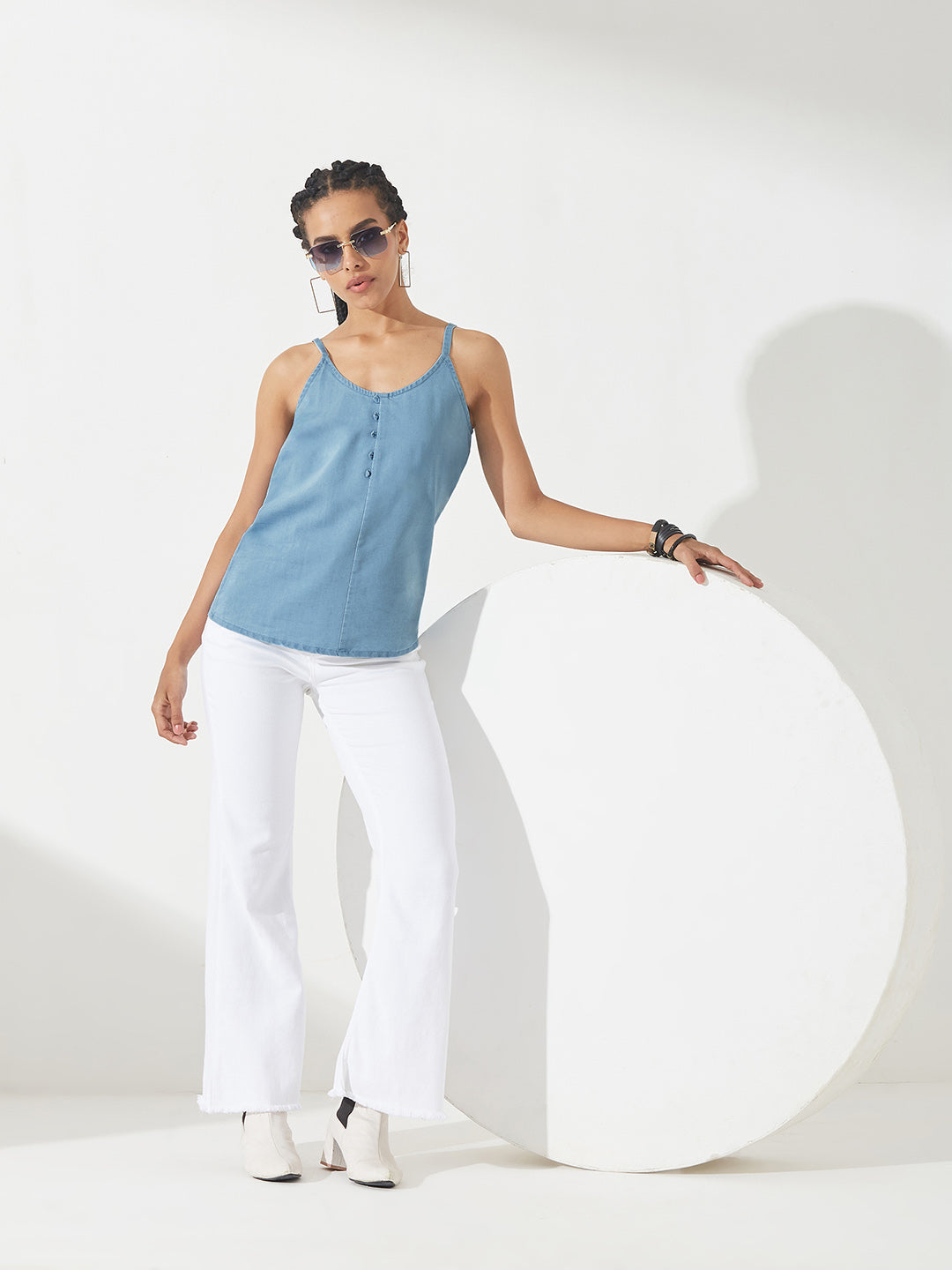 Light-Blue V Neck Sleeveless Cotton Solid Denim Spaghetti Top for Women
