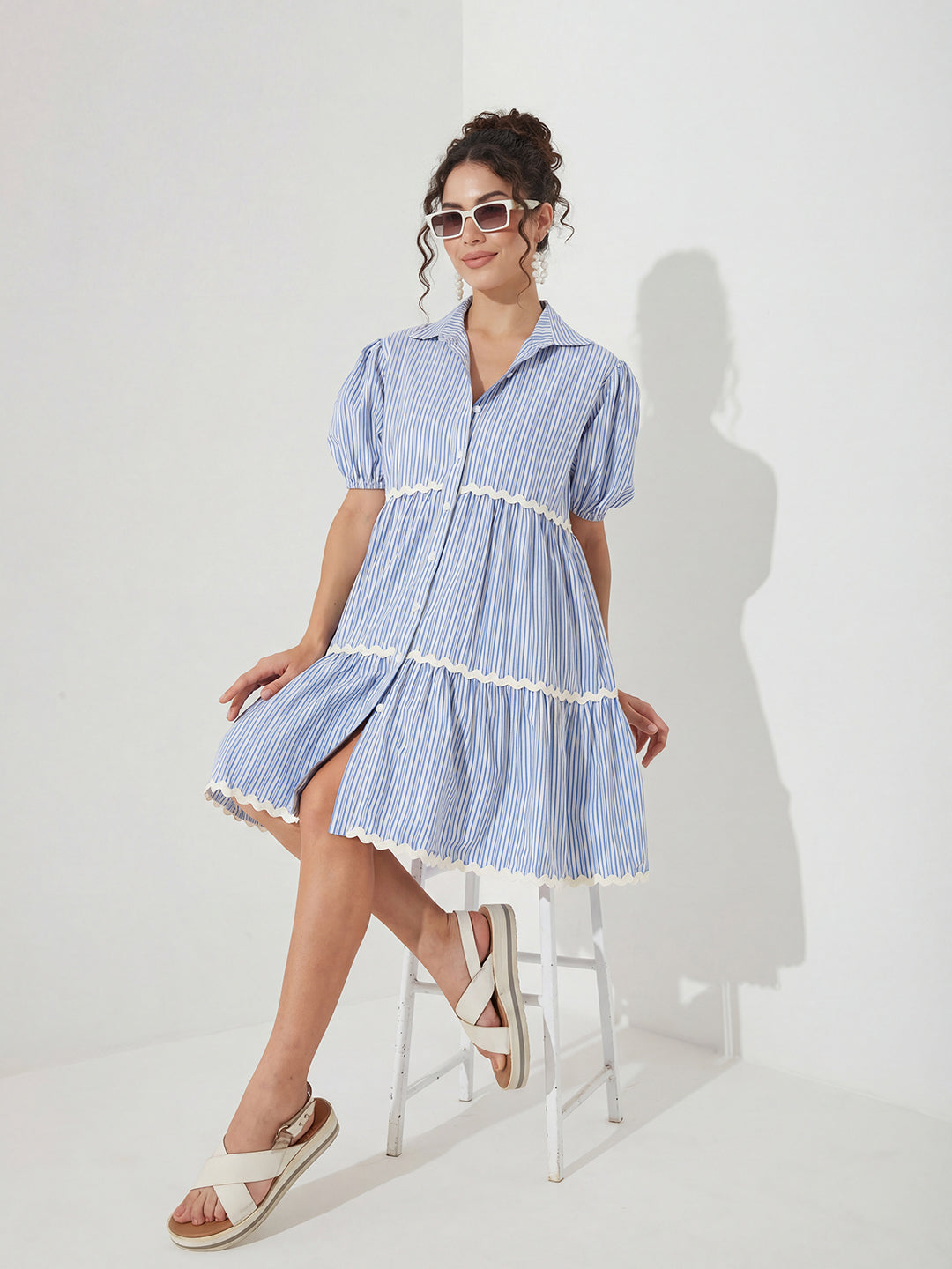 Blue and White Striped Cotton Shirt Dress with Puff Sleeves and Tiered Hem for Women
