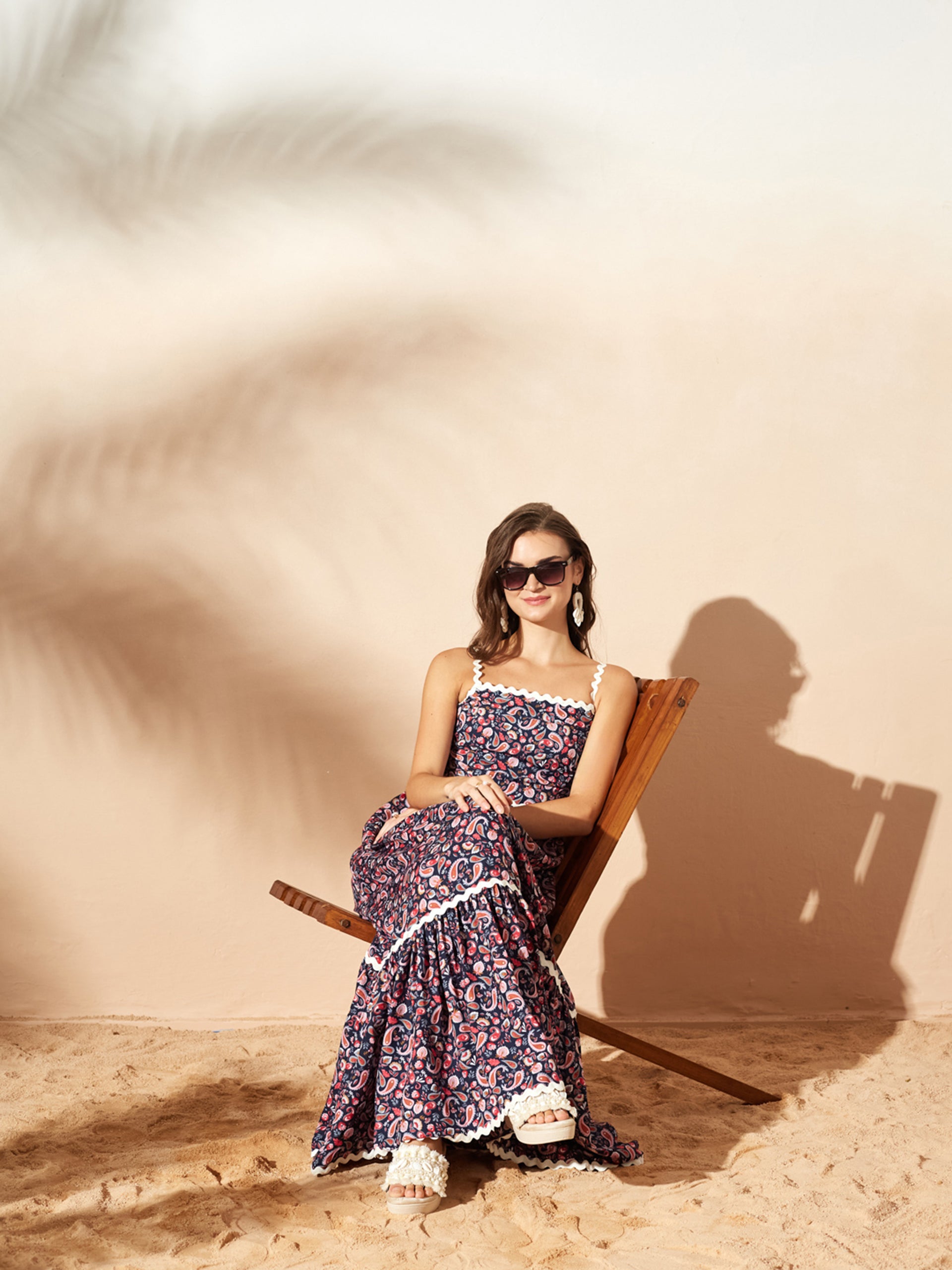 Navy Bohemian Multicolored Tiered Maxi Dress with Square Neck and Smocked Back for Women