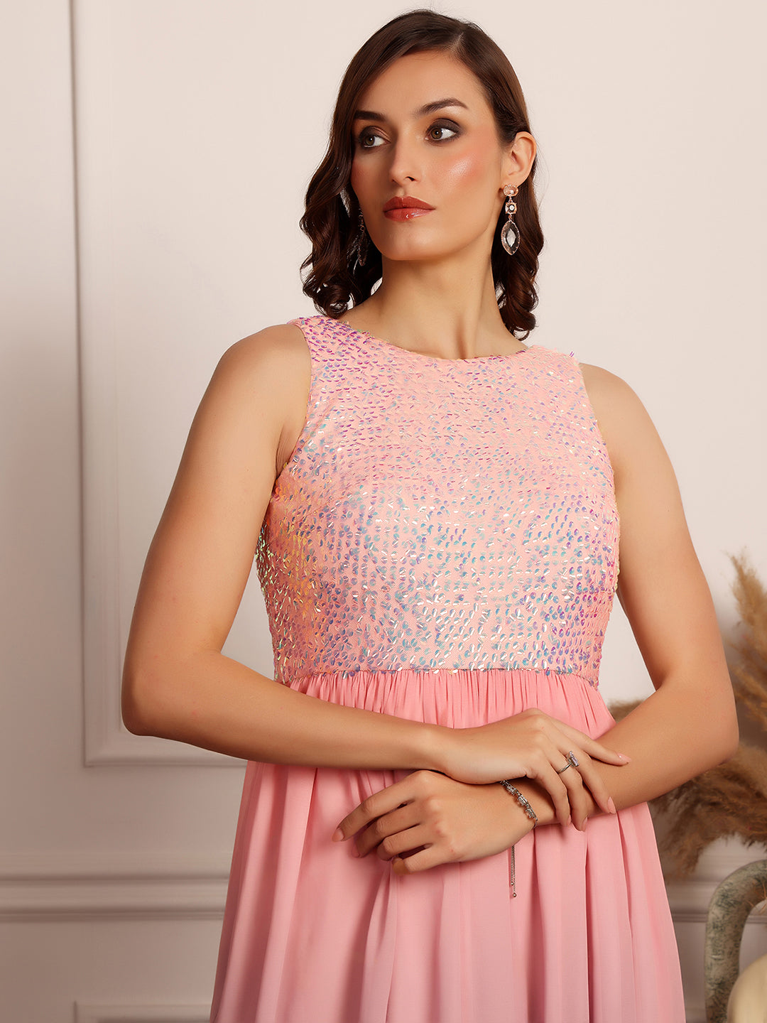 Multicolored-Base-Pink Round Neck Sleeveless Embellished Georgette Maxi Dress for Women
