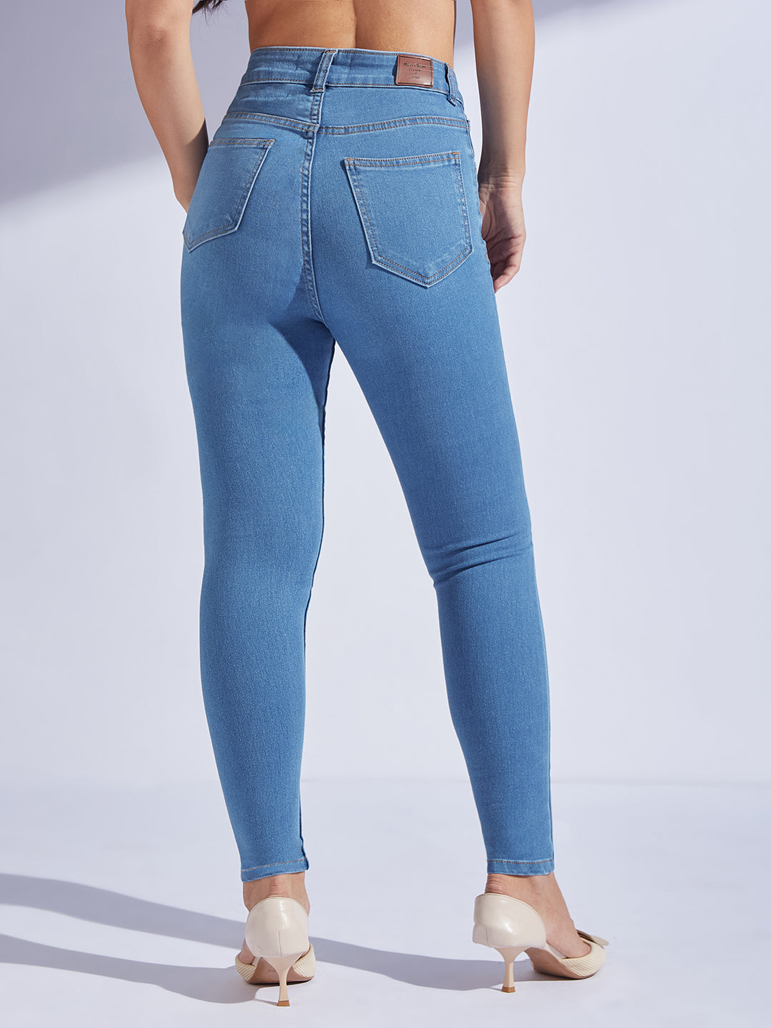 Women's Blue Solid Skinny High-Rise Cropped Fringe-Detailing Solid Stretchable Denim Jeans