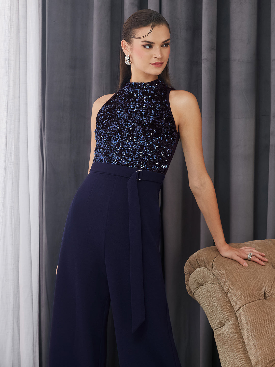 Women's Navy Blue Halter Neck Sleeveless Embellished Regular-Length Jumpsuit