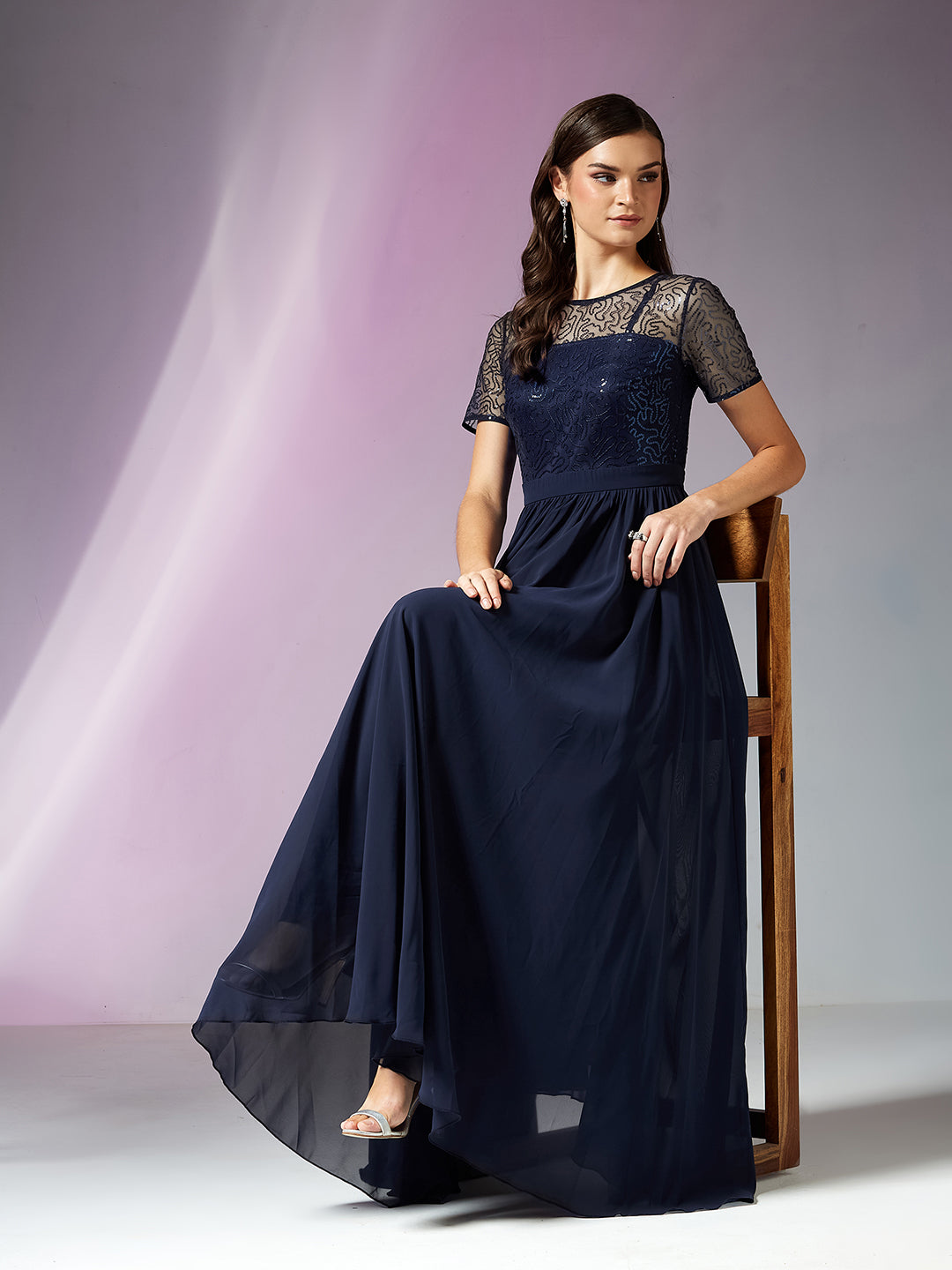 Navy Blue Relaxed Fit Maxi Georgette & Sequins Dress for Women